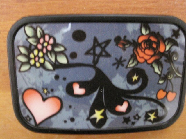 Belt Buckle Black Metal Hearts and Flowers pink gray and black on black metal