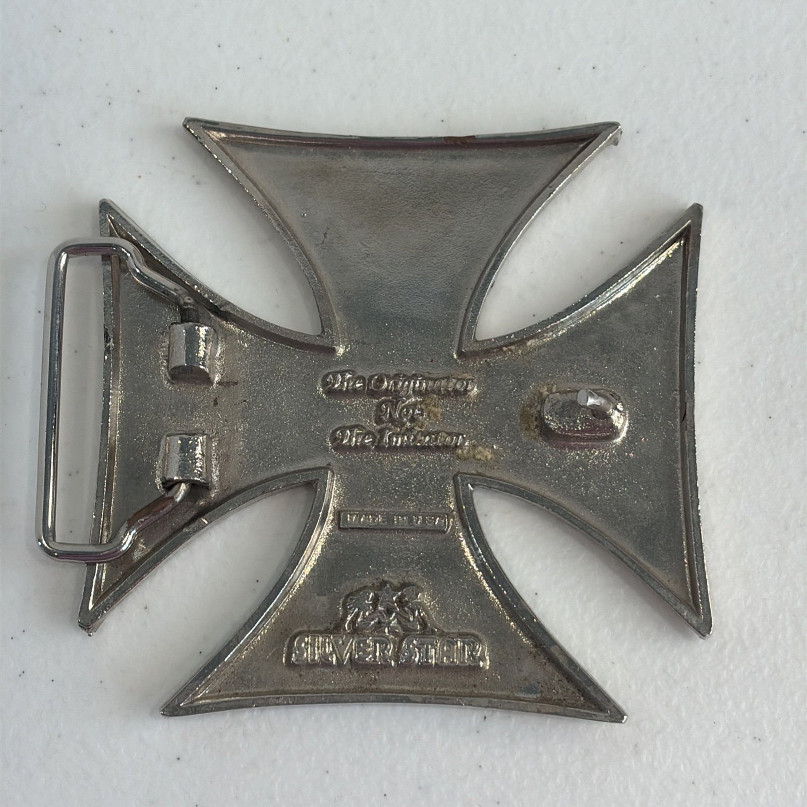 Silver Star Iron Cross Belt Buckle Silver Tone Made In USA Goth Grunge Moto FAIR