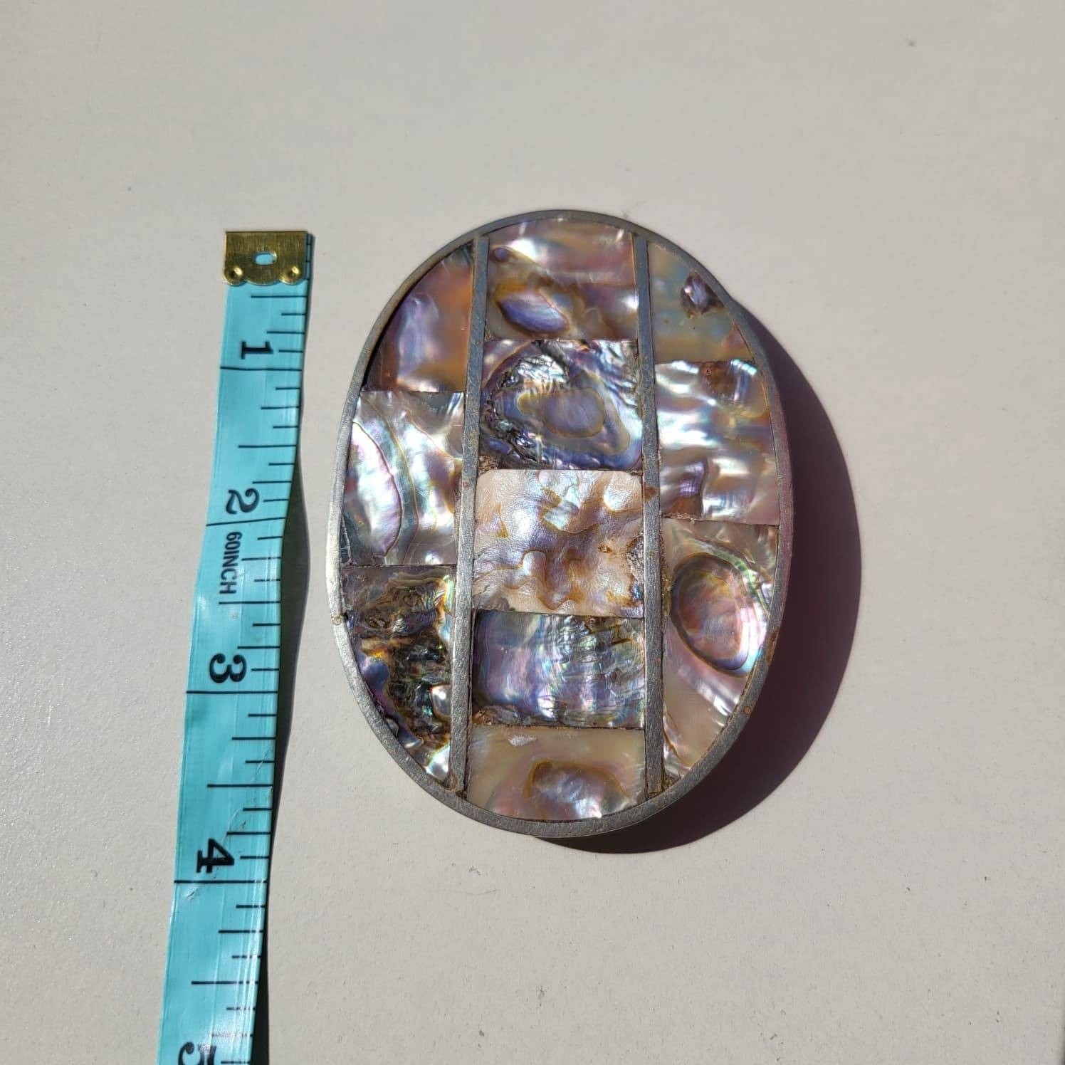 Vintage Alpaca Silver Abalone Shell Iridescent Mosaic Mexico Belt Buckle