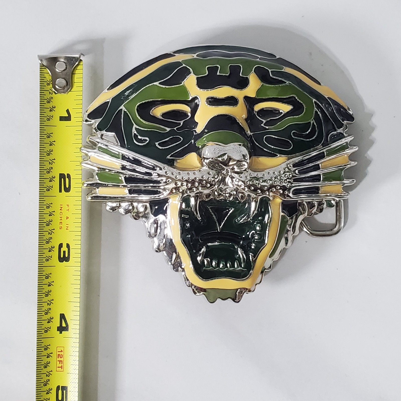 Tiger Face Belt Buckle Oversized Silver Finish Metal Green Yellow Fashion Buckle