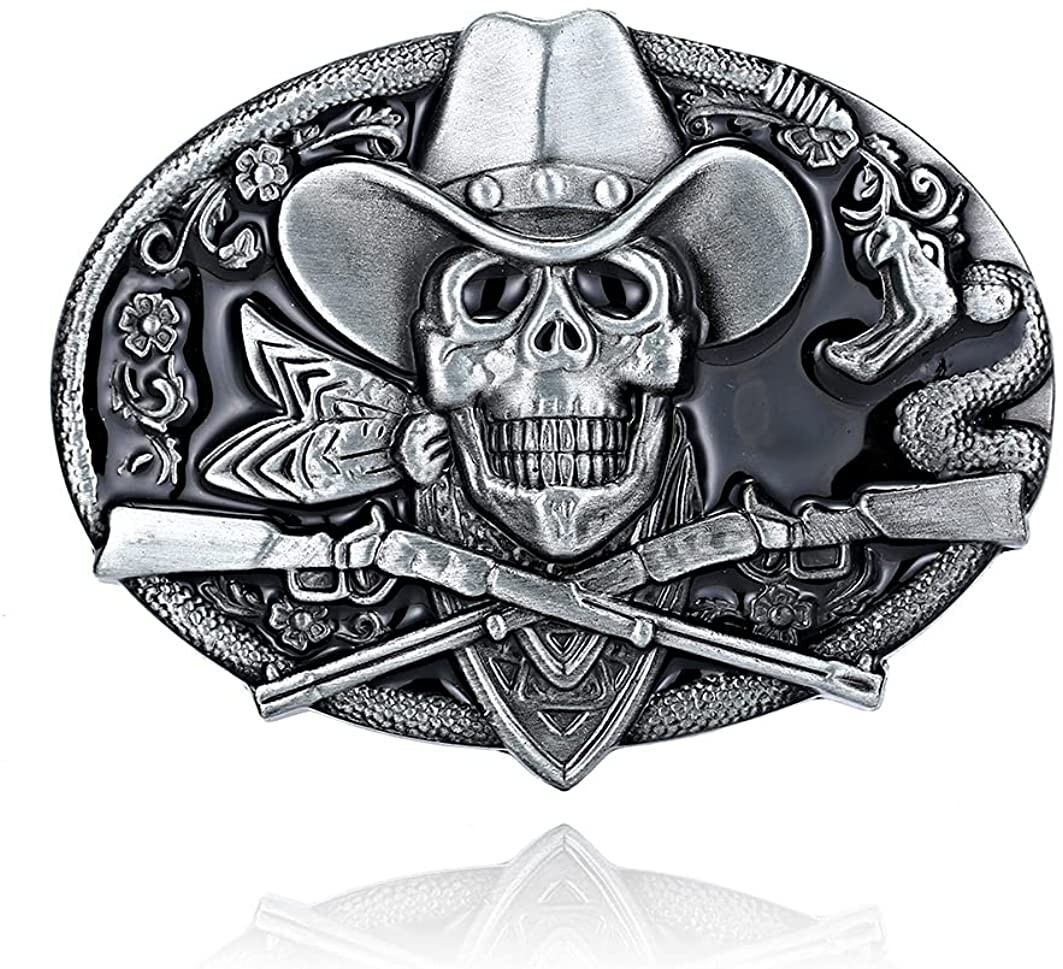 Dead Cowboy Belt Buckle Skull Crossed Guns Rattlesnake Western Fits 1.5&Prime; Belt