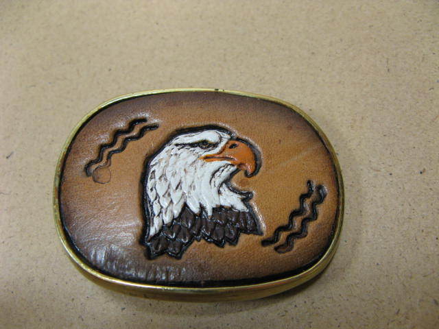 Vintage Tooled Leather Eagle and Brass Belt Buckle Baron Buckles 1983