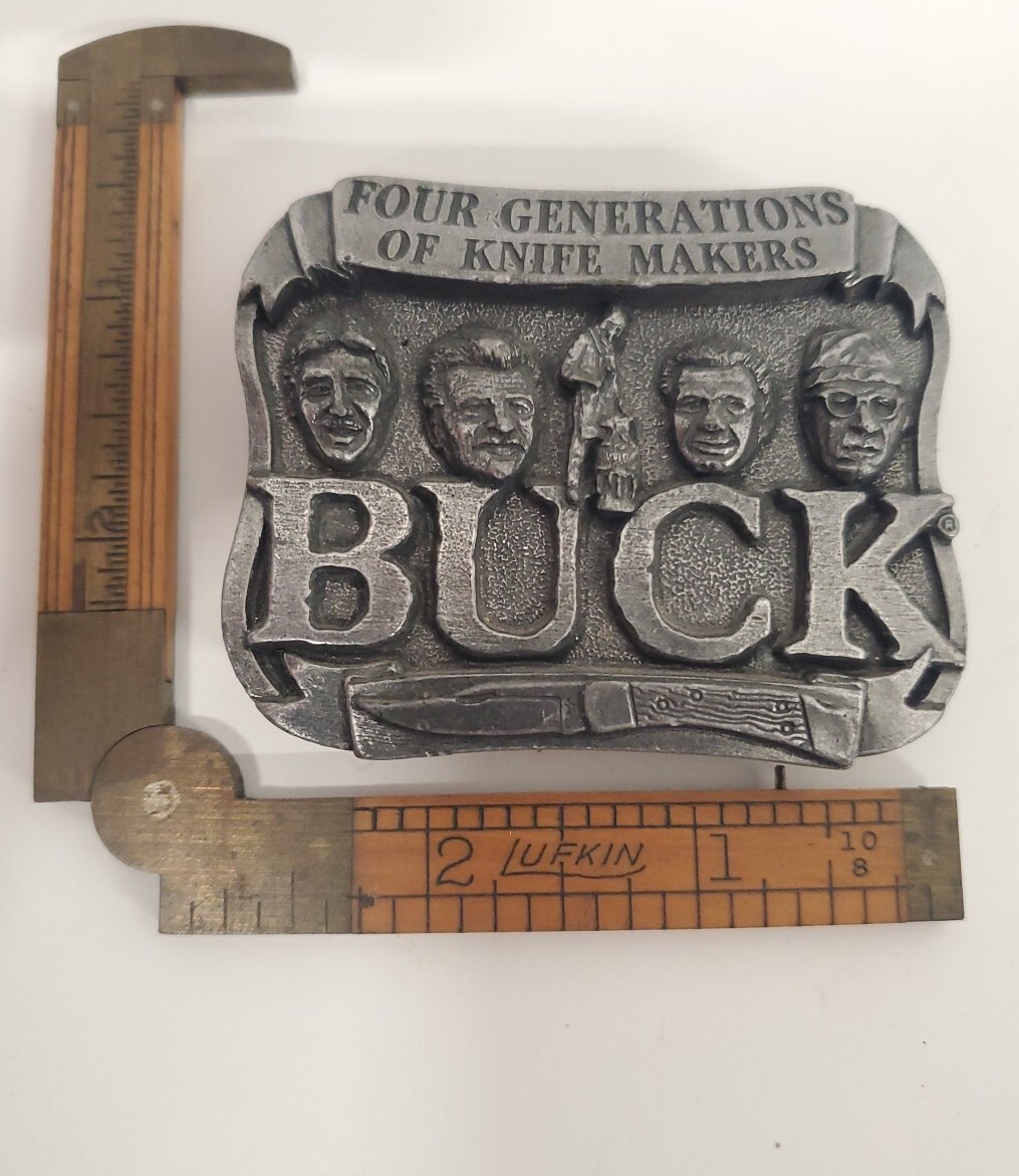 Vintage Pewter Embossed BUCK KNIVES Four Generations Knife Makers Belt Buckle