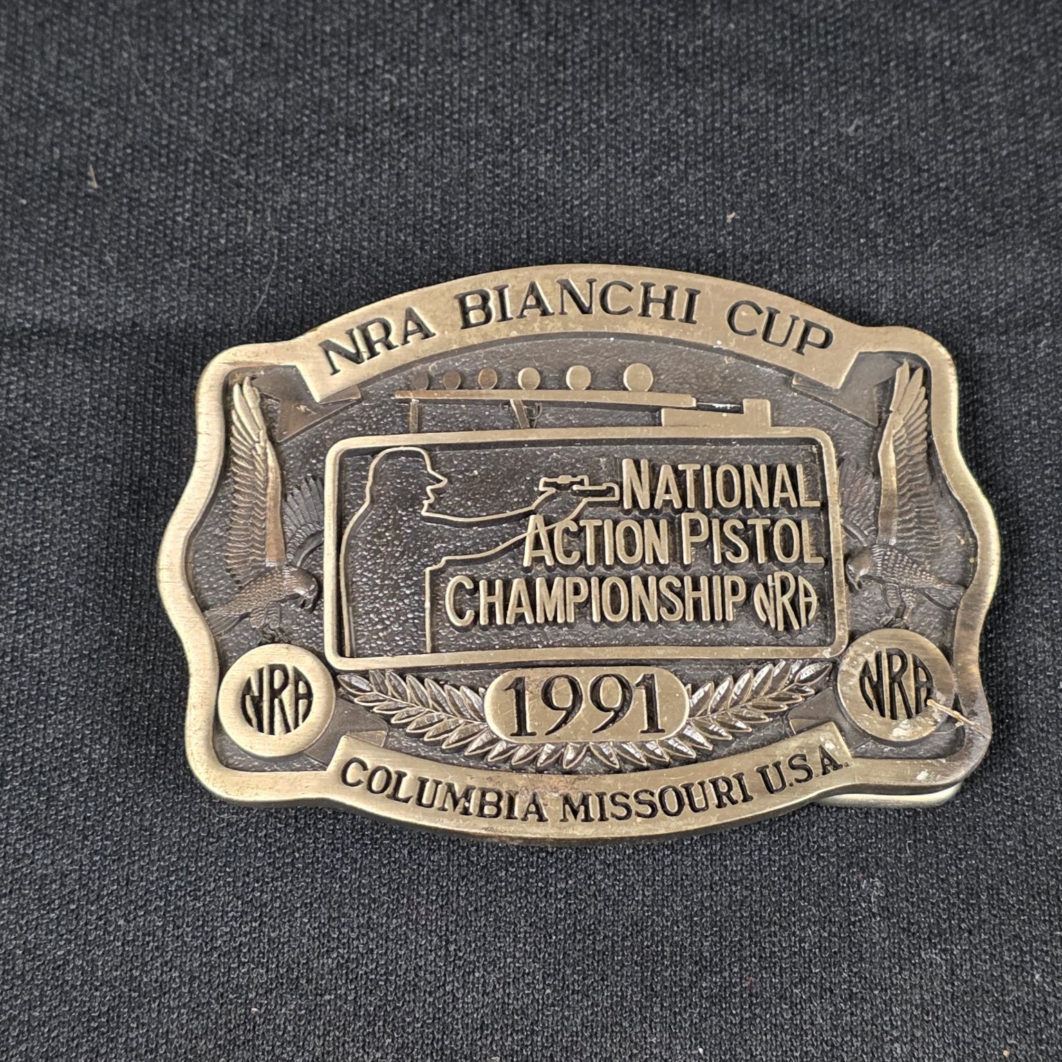 NRA Bianchi Cup Belt Buckle Bronze Tone 3.25&Prime; Wide 1991 Engraved
