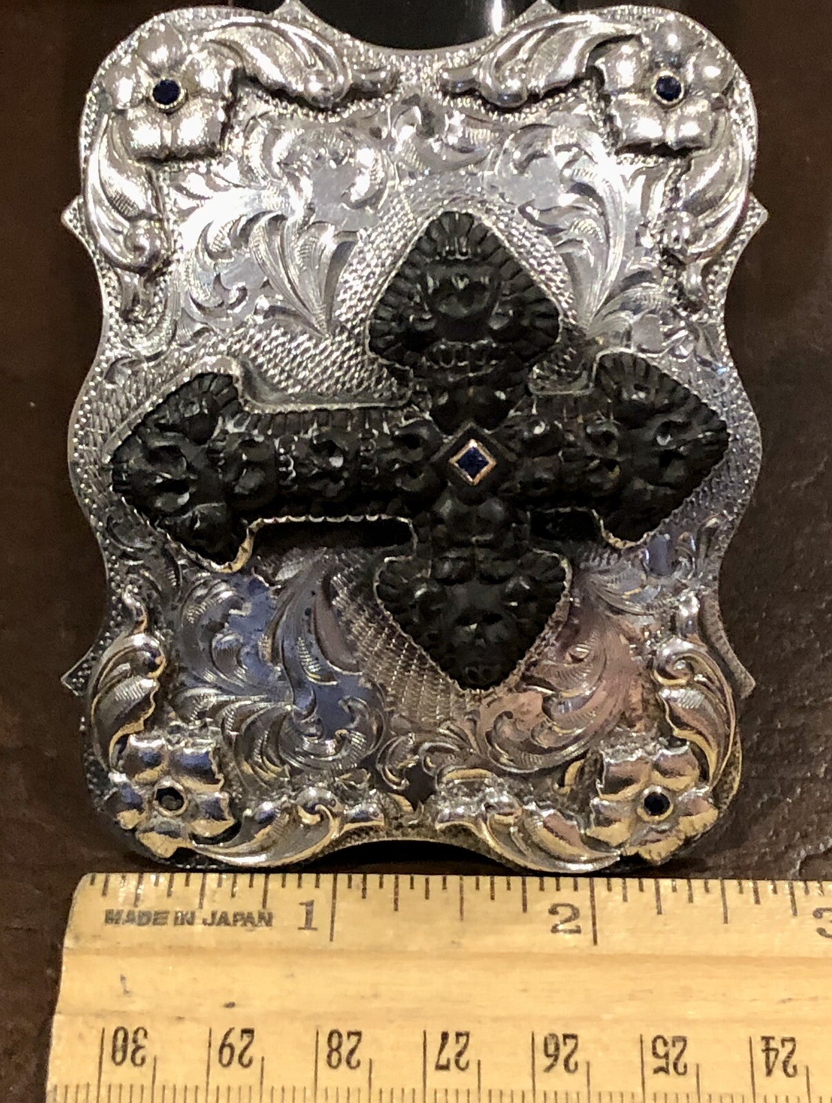 $8K JW Cooper / Comstock Heritage Hand Carved Jet Stone Cross-Skull Belt Buckle