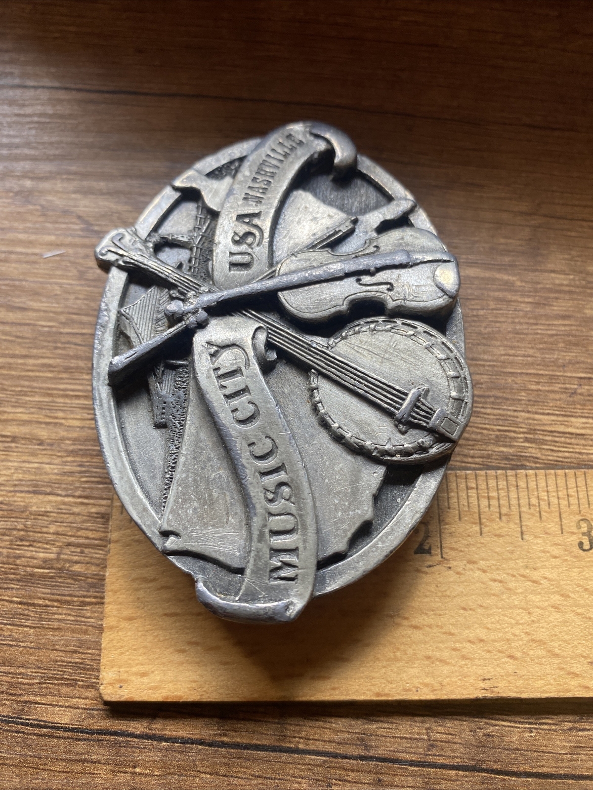 Vintage NASHVILLE MUSIC CITY USA metal Belt Buckle Pewter Banjo Fiddle Country