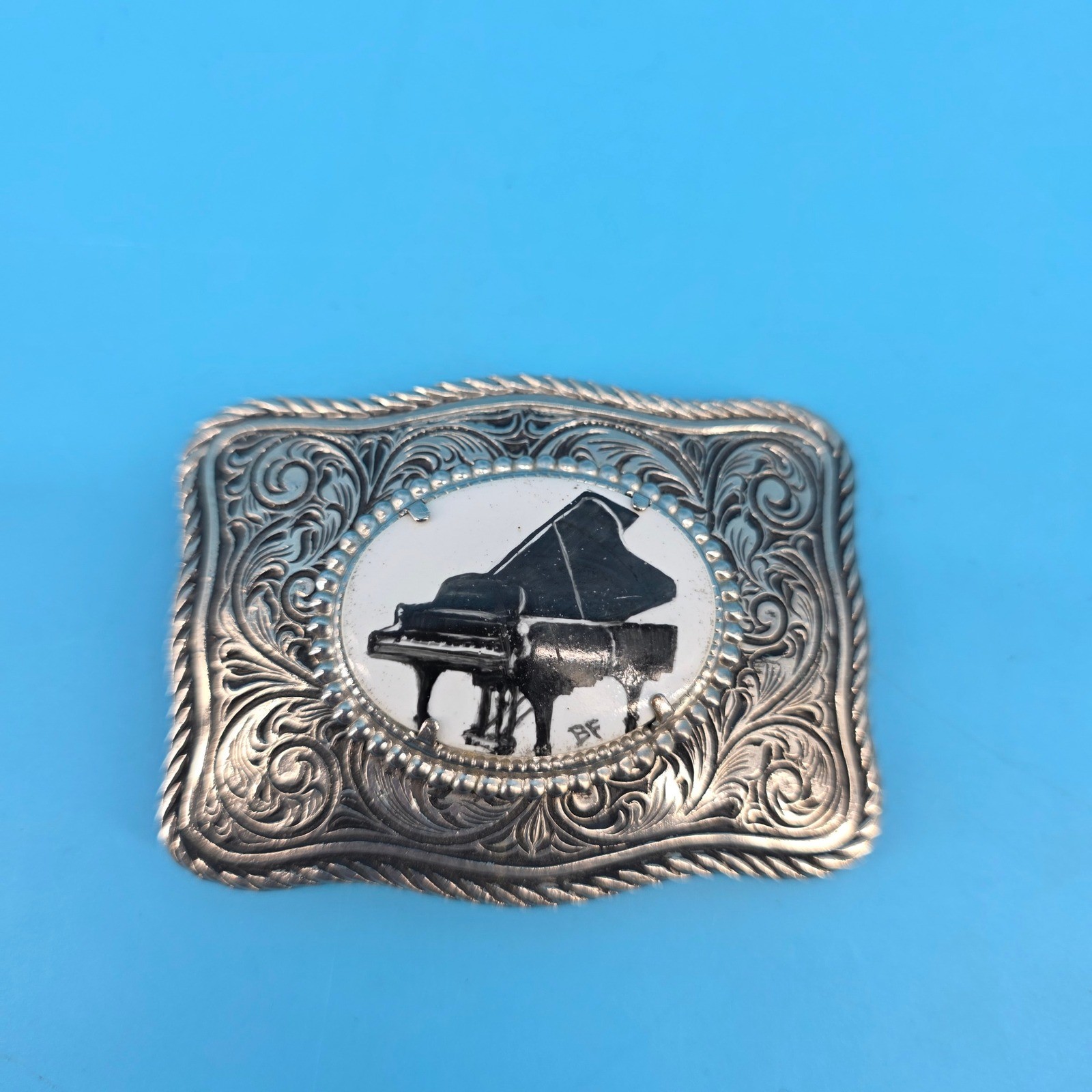 Vintage Western Belt Buckle Silver Tone Ornate Scroll Grand Piano