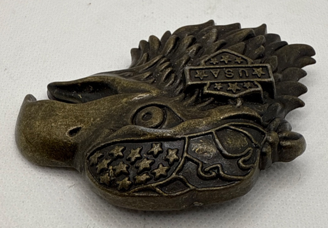 Vtg bronze Belt Buckle Eagle bandana stars USA