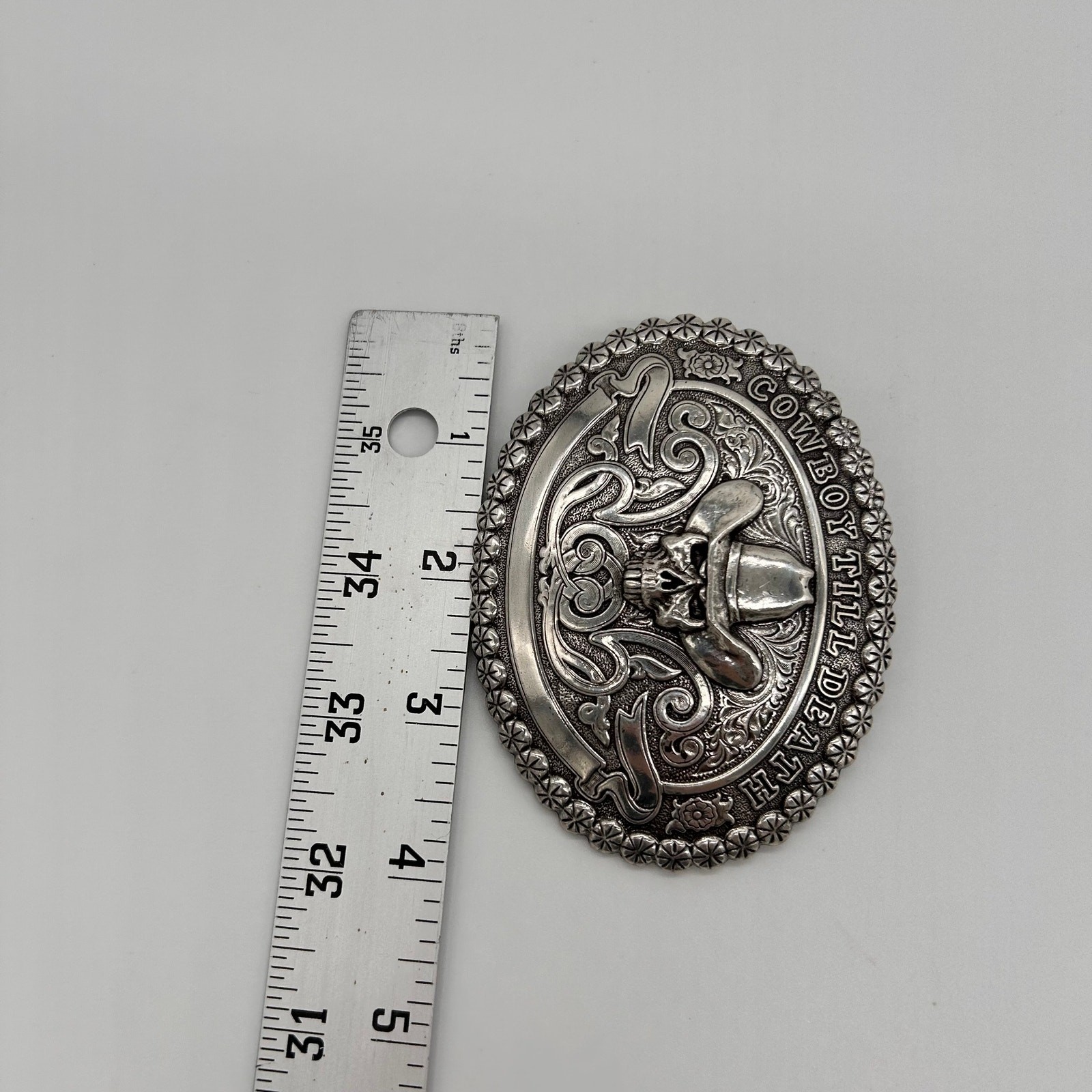 Cowboy Till Death Western Skull Belt Buckle Silver Tone Crumrine Floral Men&rsquo;s