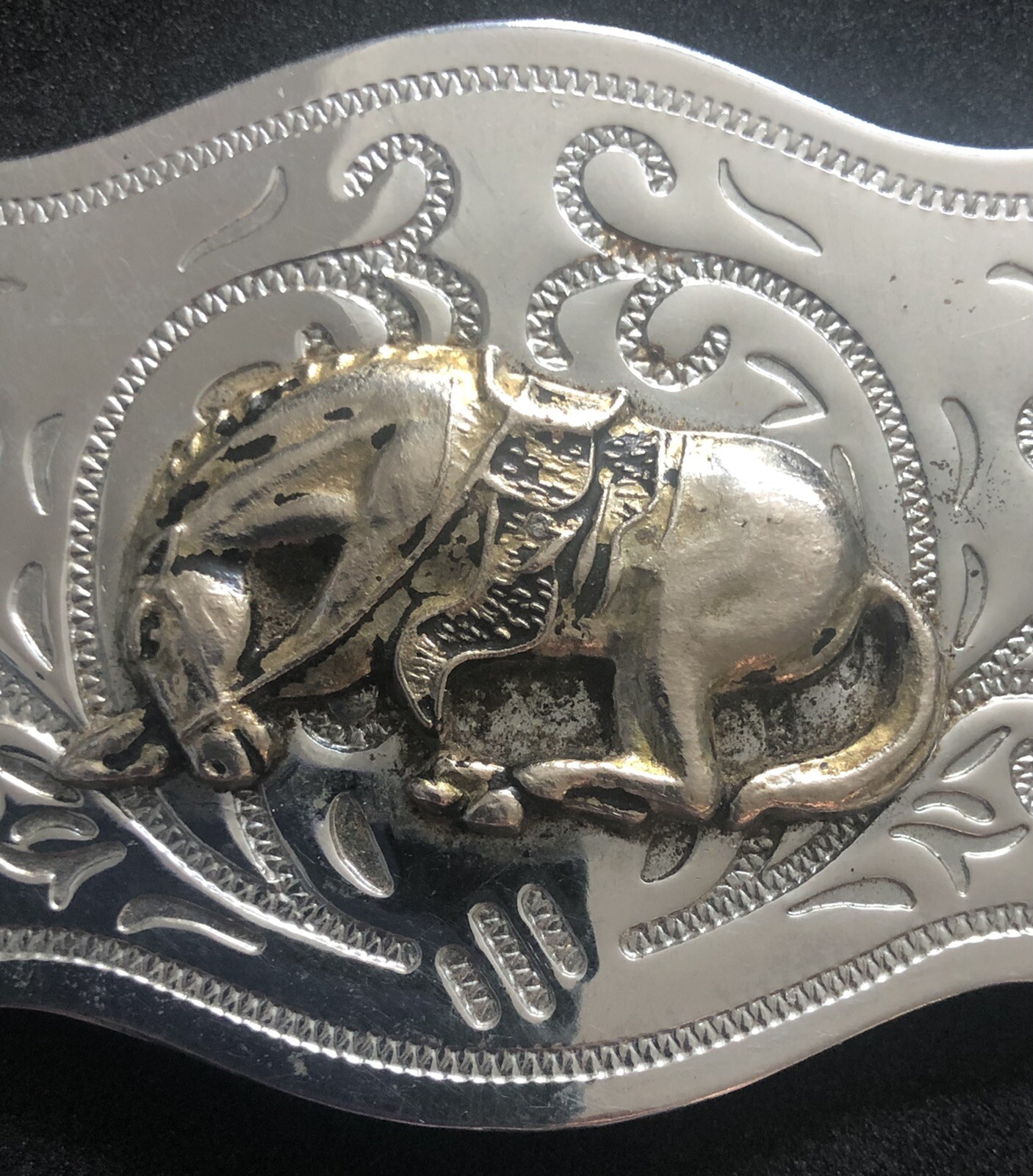 Vintage Western Style Chrome Belt Buckle with Applied Brass Bucking Bronco Horse