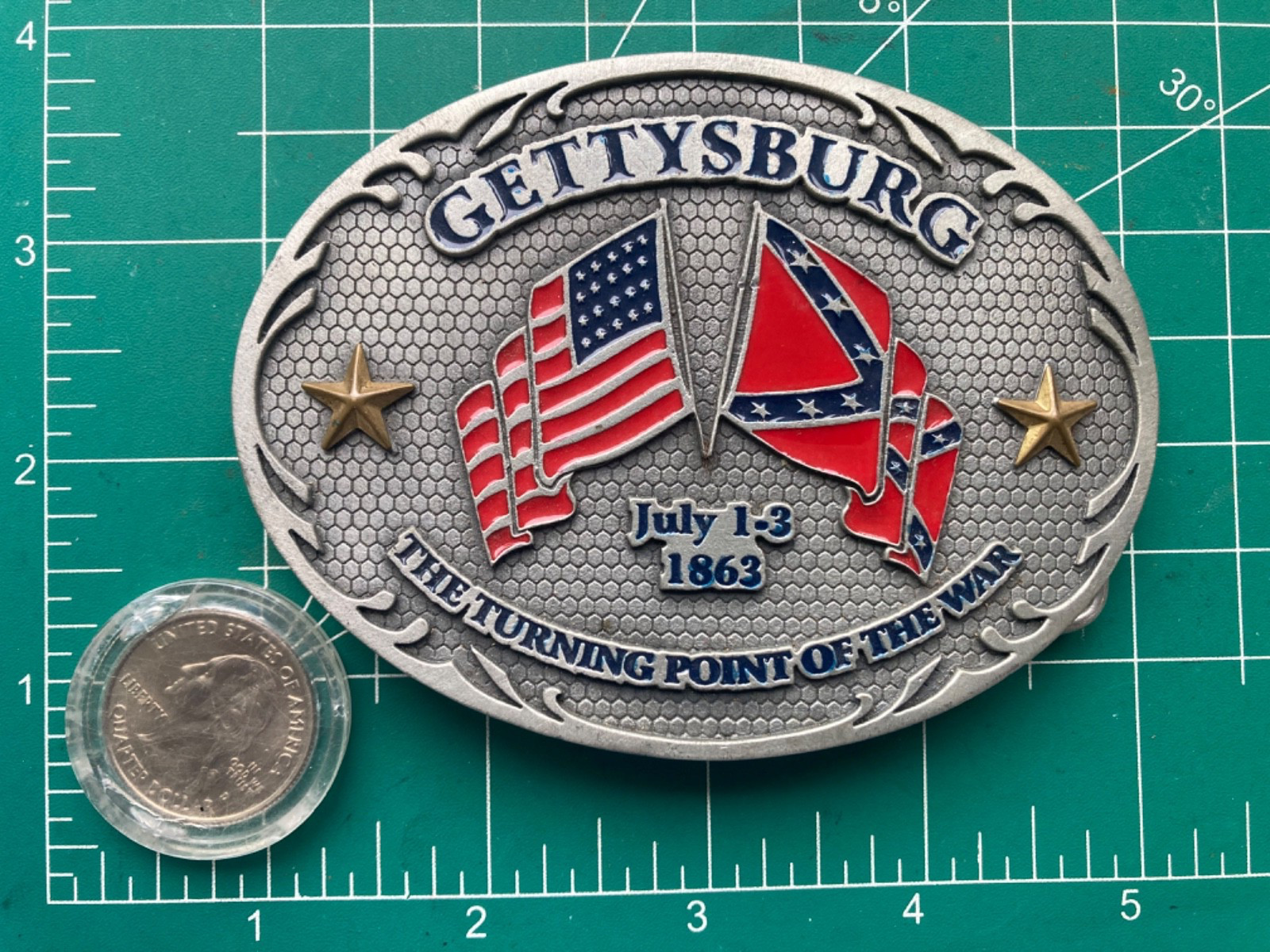 THE TURNING POINT OF THE CIVIL WAR Gettysburg Belt Buckle PEWTER TONE ENAMEL EMI