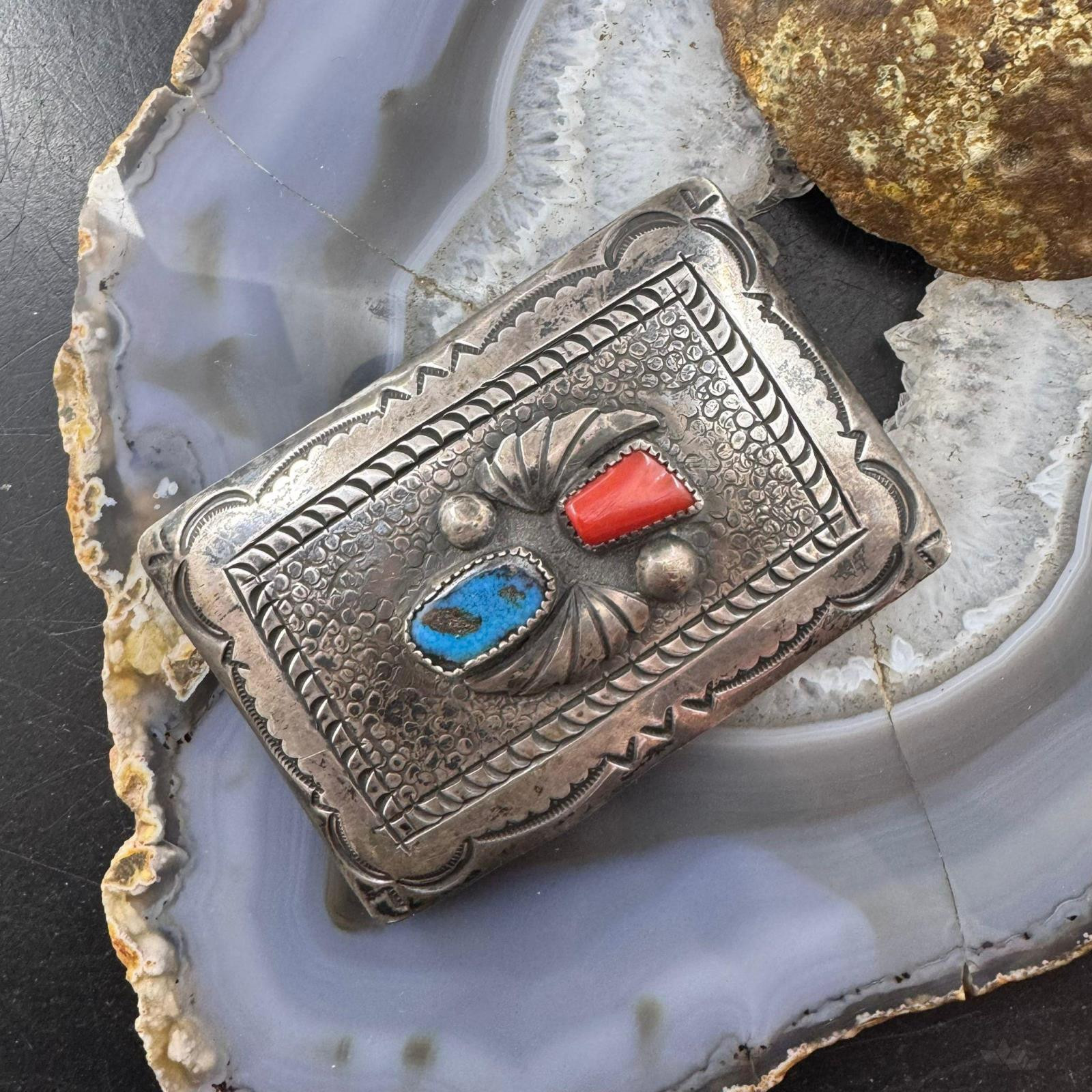 Vintage Richard Henry Yazzie Native American Silver Turquoise &Coral Belt Buckle