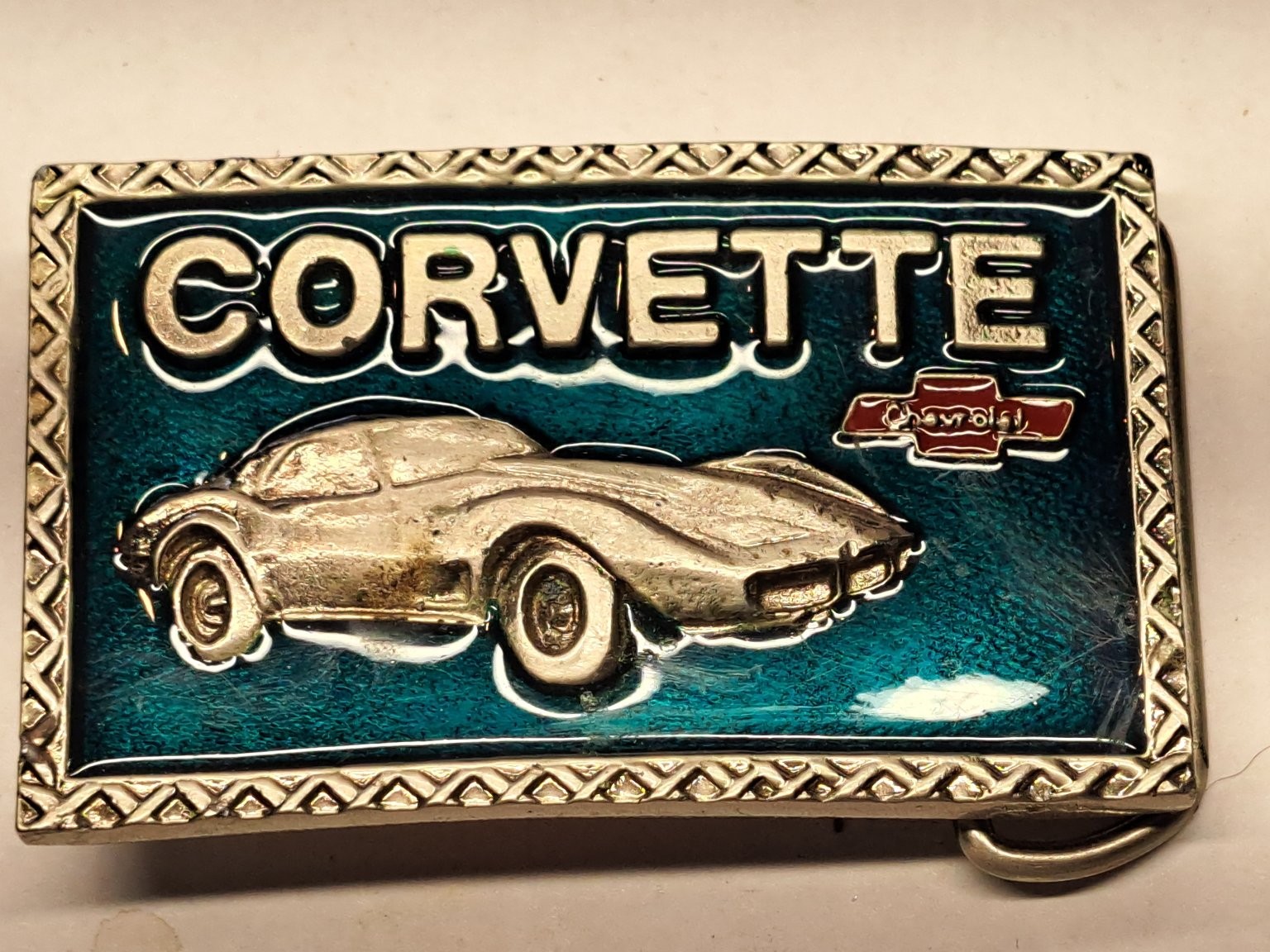 Corvette Belt Buckle Teal Silver Classic Car Logo Enamel Chevy