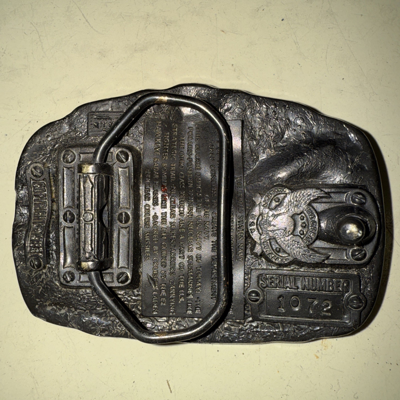 Vintage 1983 US Navy Anytime Baby Enamel Inlay Belt Buckle Painted Pewter KG JD