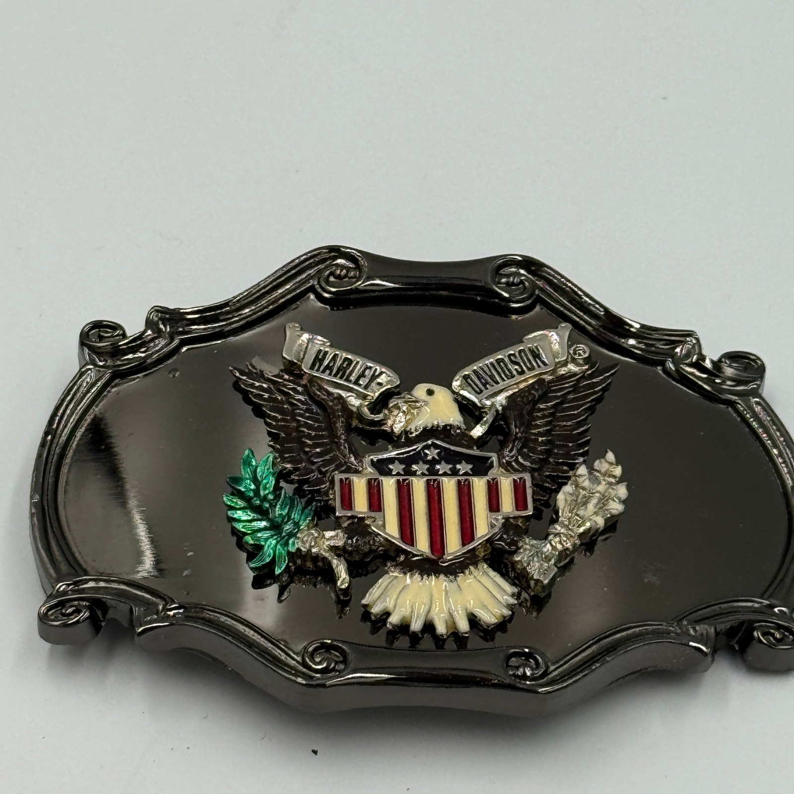 Vintage 1978 Raintree Harley Davidson Eagle Belt Buckle Black Enamel Americana
