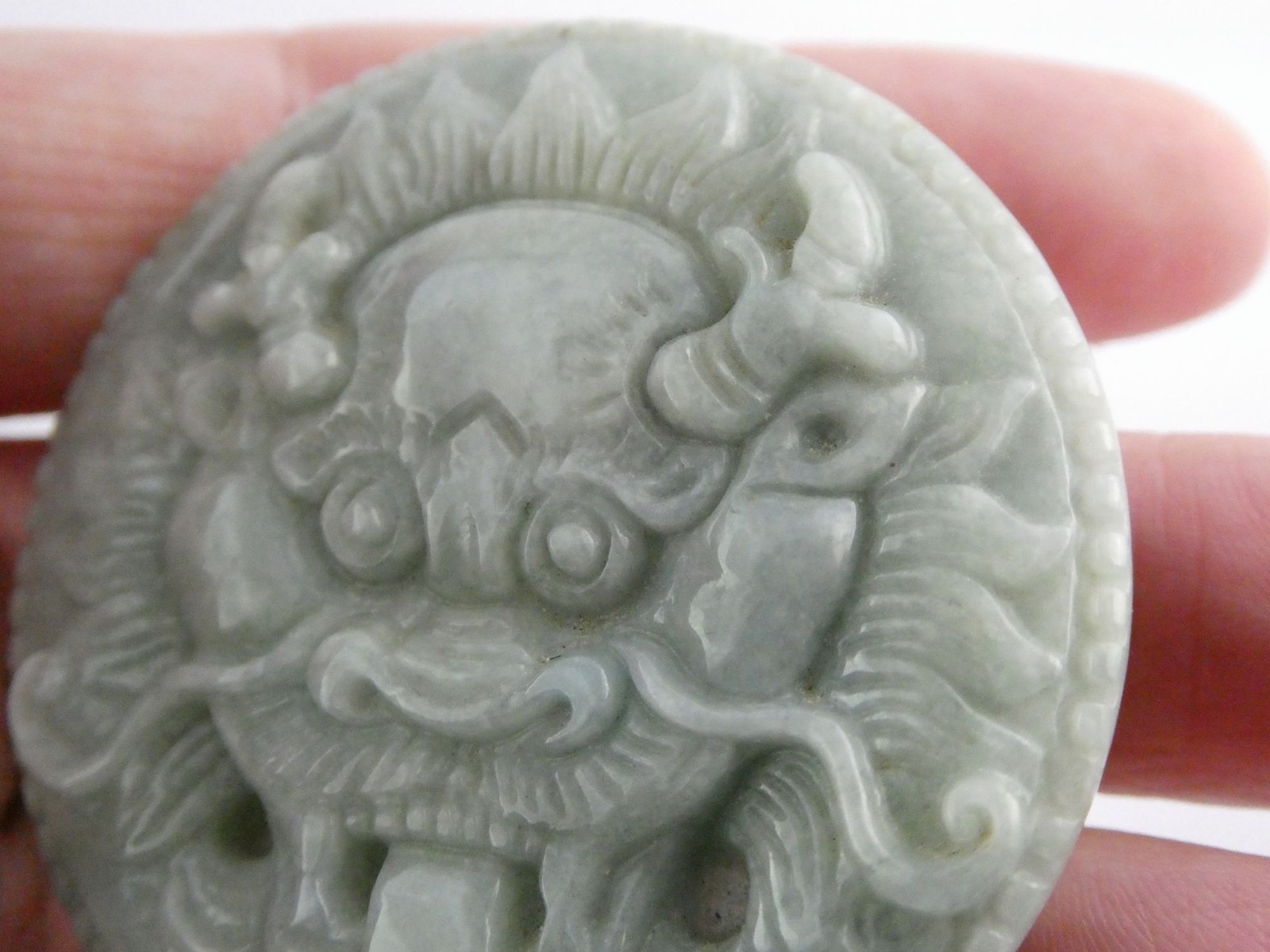 Light Green Jade Carved Dragon Head Foo Dog Belt Buckle 42g 52.05mm Fits 1.5 In