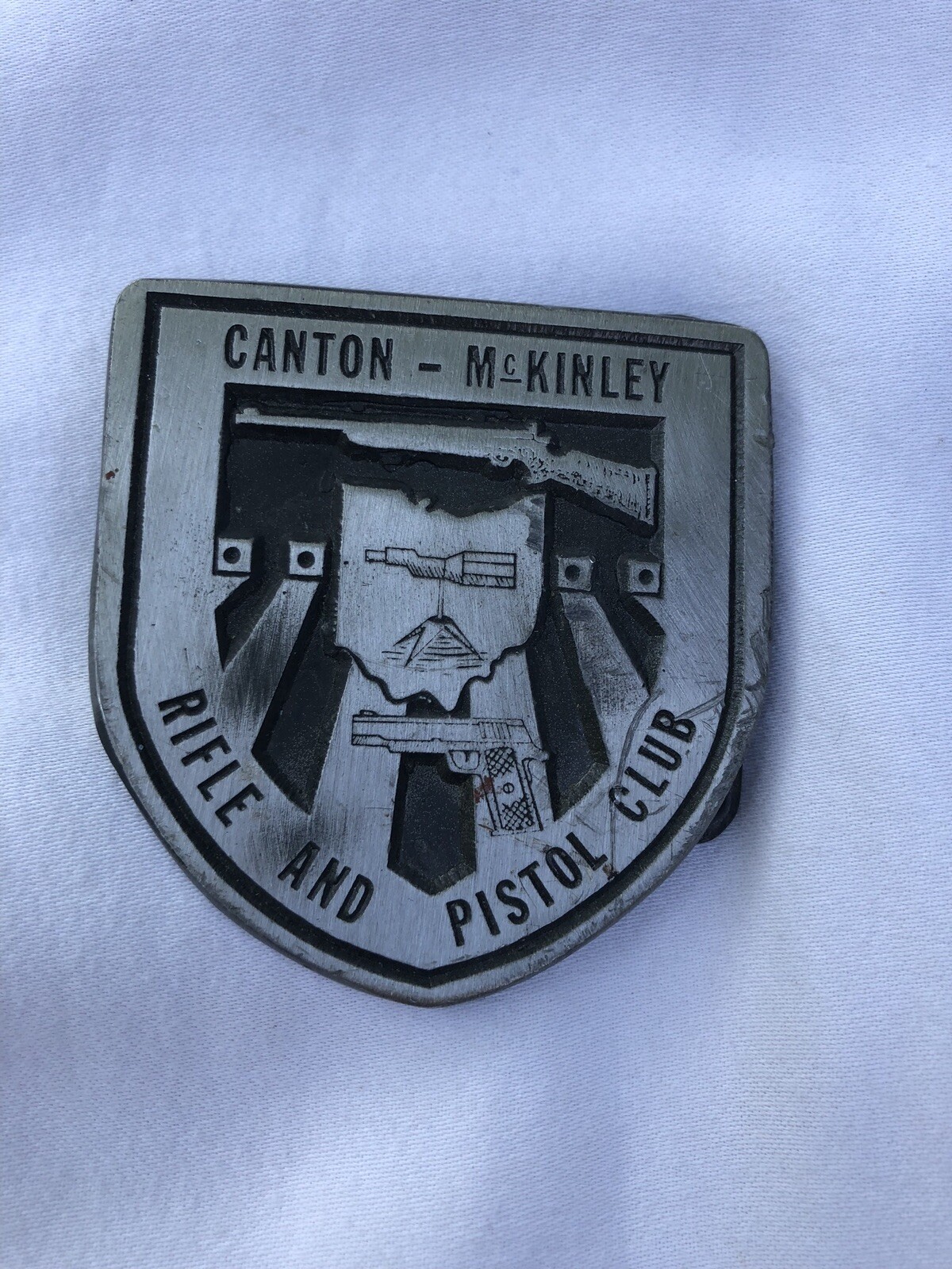 Ohio Canton -McKinley Rifle Pistol Club Shield Shaped Silver Colored Belt Buckle