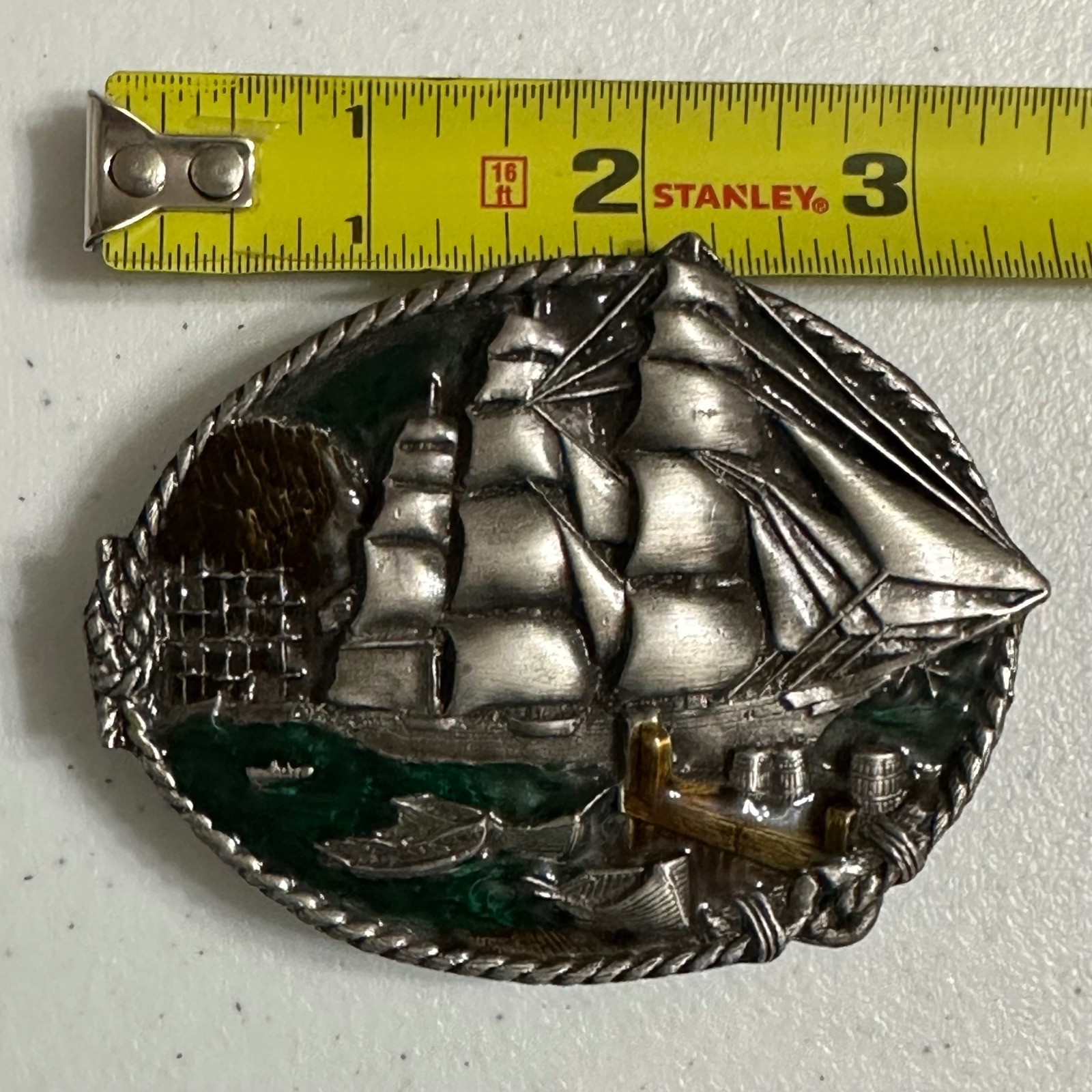 Bergamot Brass Works 1983 3D Sailing Clipper Ship Belt Buckle Enamel VTG Rudyard