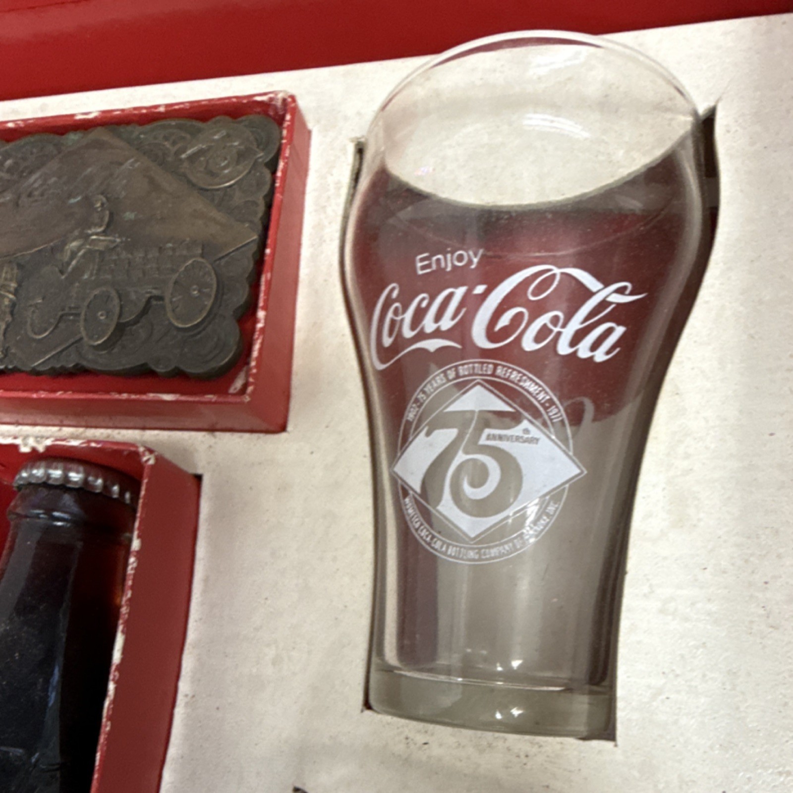 Coca-Cola 75th Anniversary Vintage Brass Bronze Rectangular Belt Buckle 1976