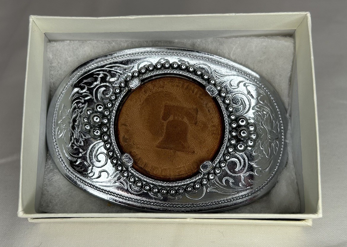 Oval Belt Buckle Filigree Liberty Bell Leather Inlay Western Ranch Americana