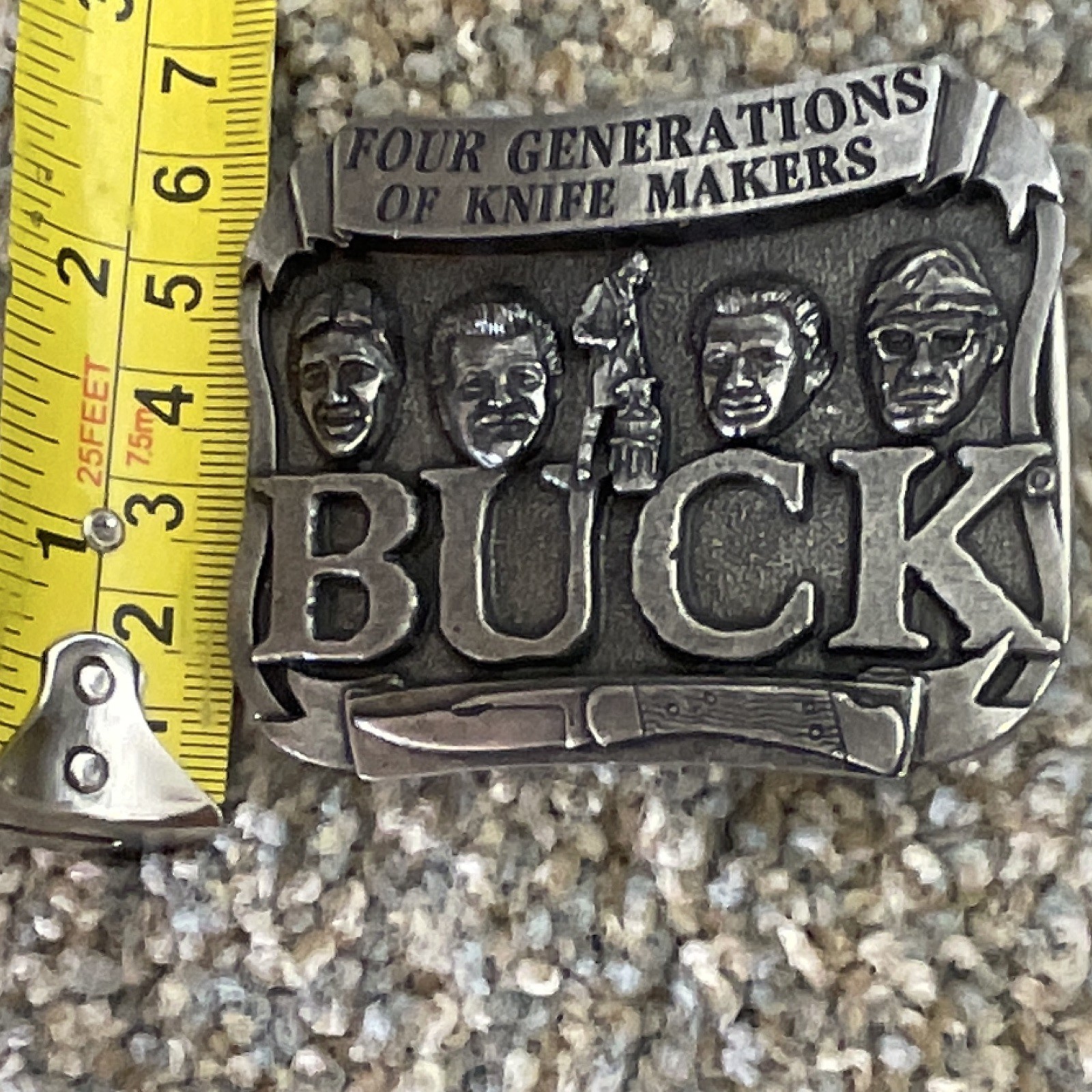 Buck Knives Metal Belt Buckle Silver Western 1.5in « Four Generations » Text