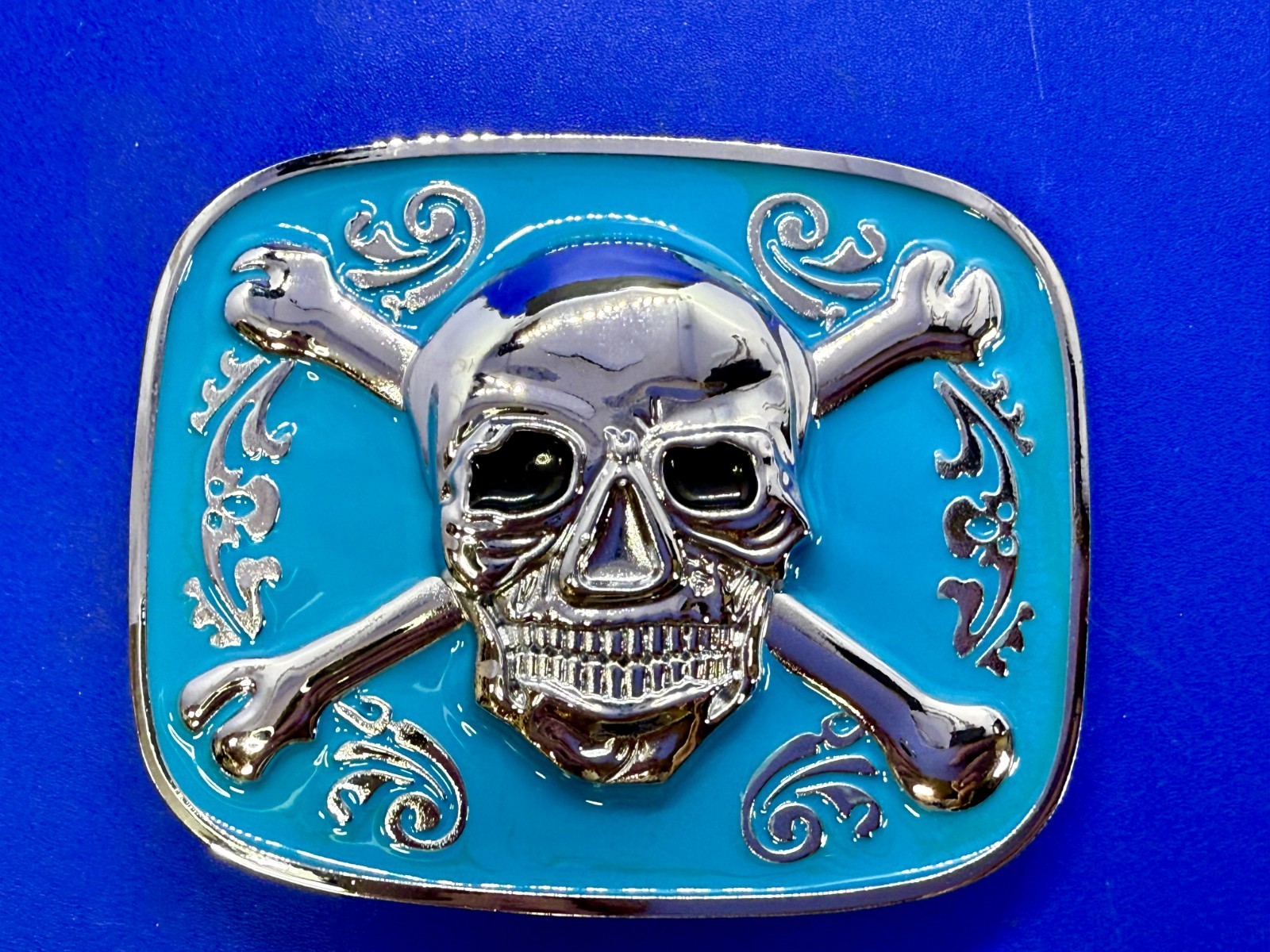 Jolly Roger Pirate Skull Head & Crossbones Blue Enamel Colored New Belt Buckle