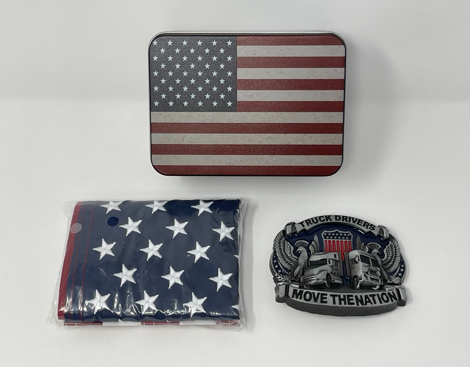 Trucker Belt Buckle Gift Set with 12 x 18 Inch American Flag – Patriotic Buckles