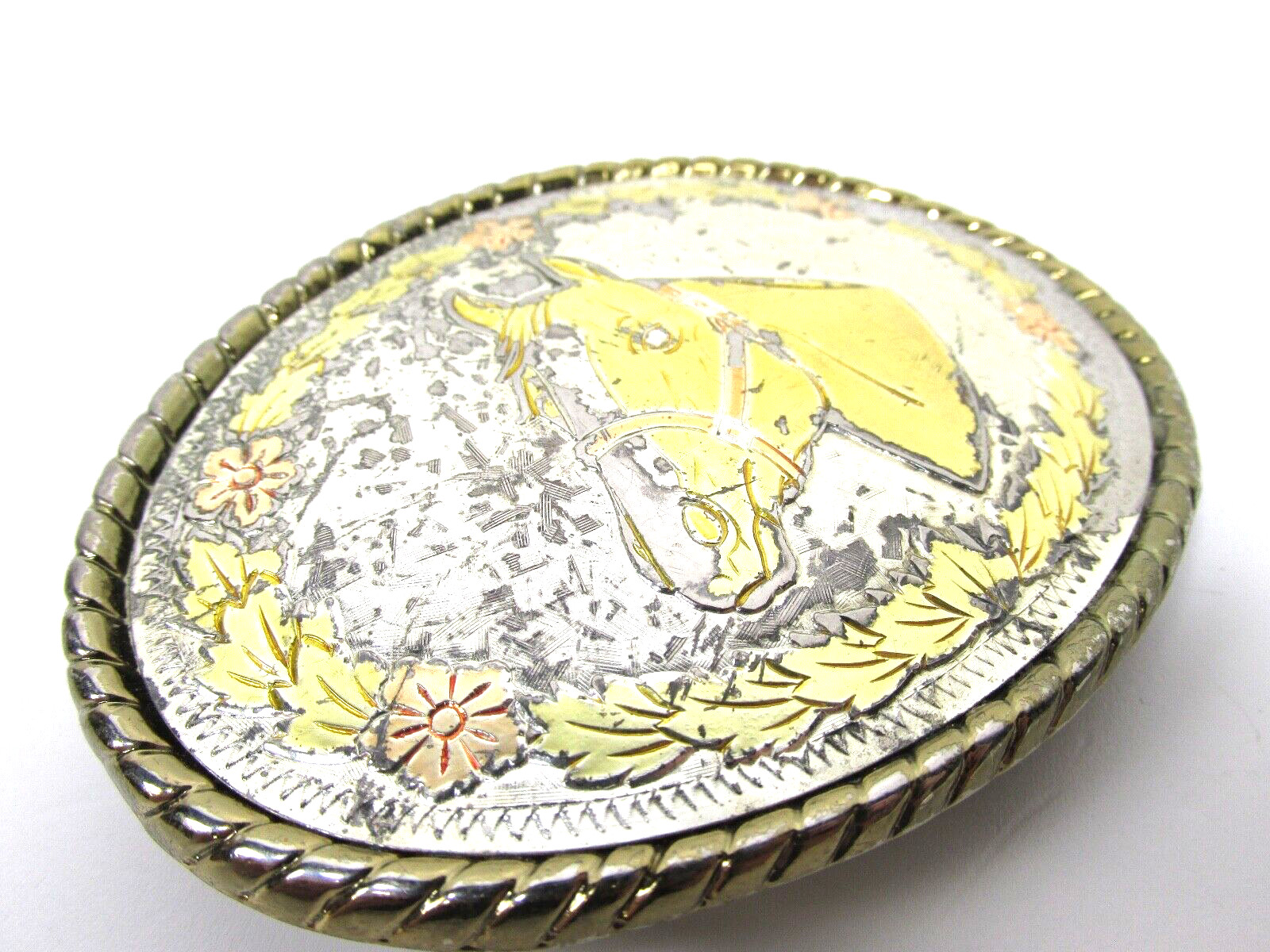 VTG Horse Head Colorful Flower Belt Buckle Made in USA Cowboy Western Rancher