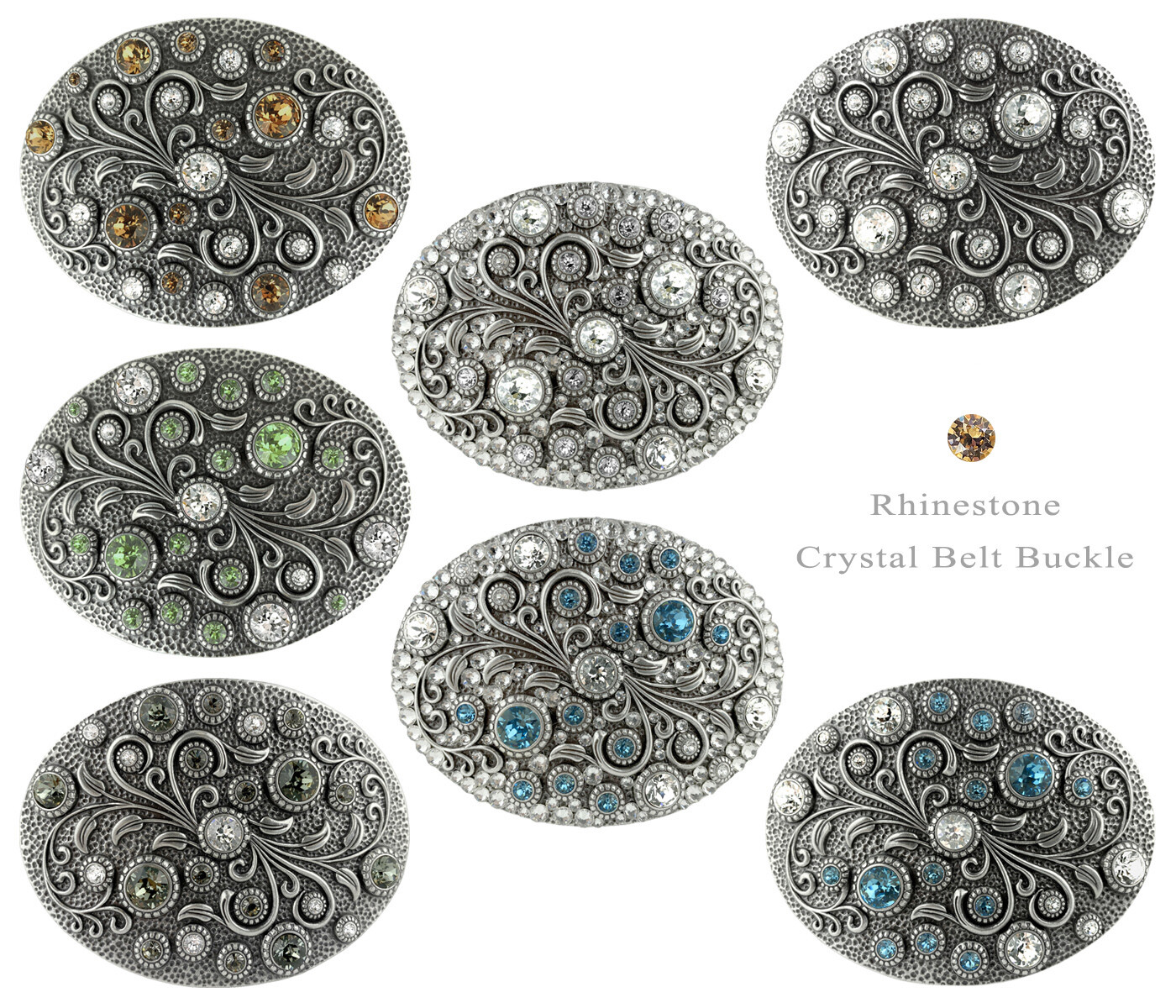 Rhinestone Crystal Belt Buckle Oval Floral Engraved Buckle Fits 1-1/2&Prime;(38mm)