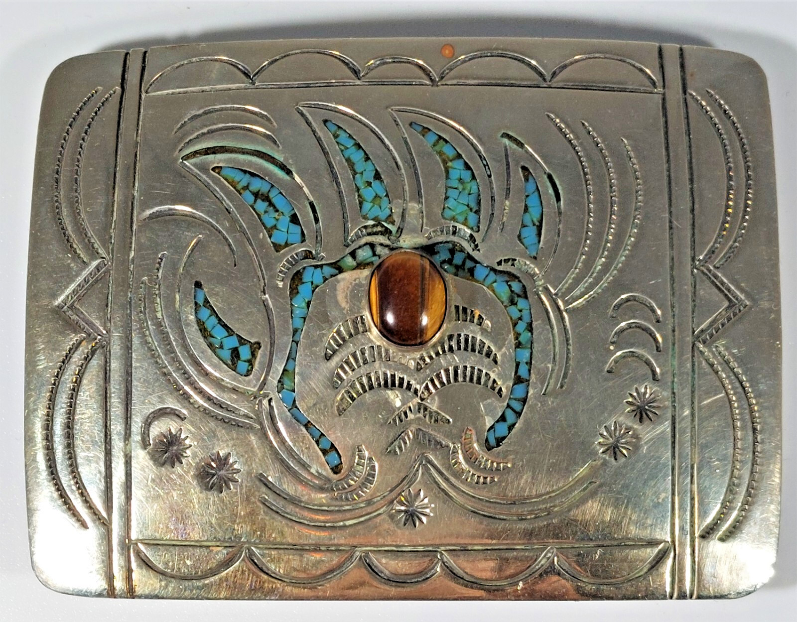 Navajo CK belt buckle bear claw stamped turq inlay cat&rsquo;s eye cab 3&Prime; by 2 1/4&Prime;