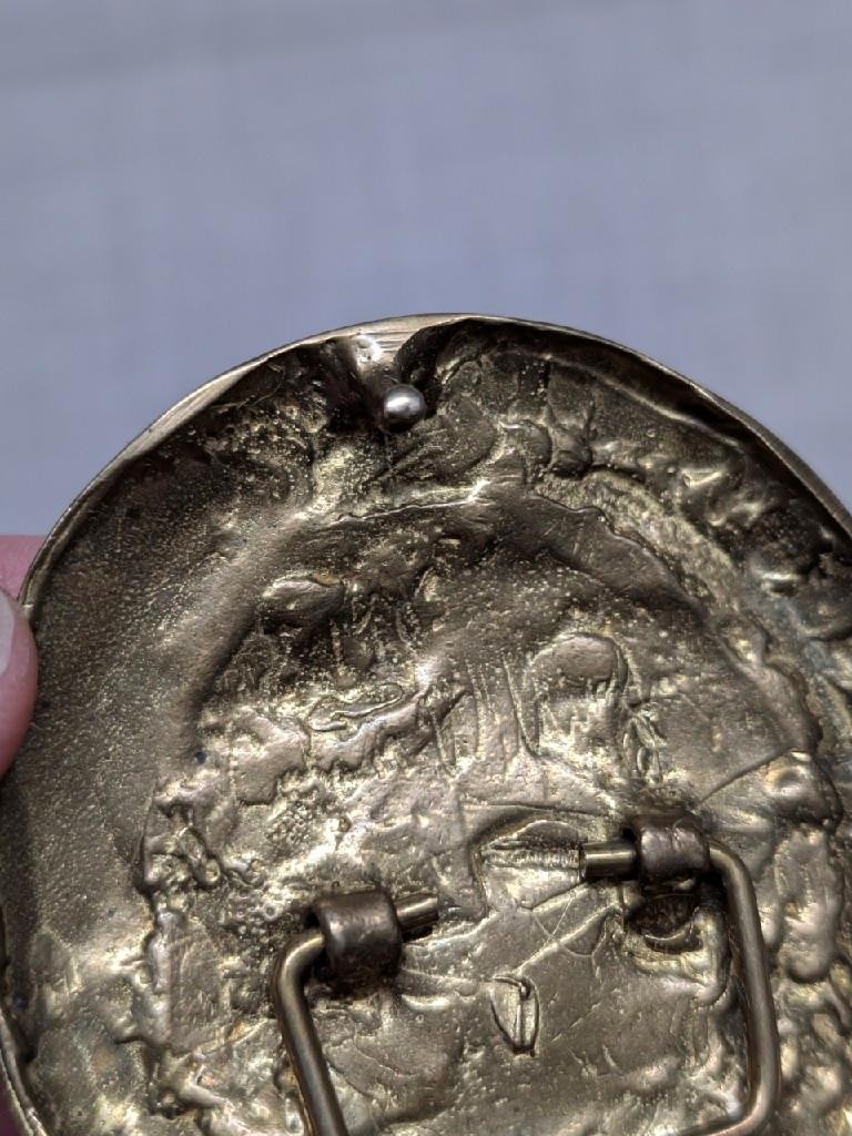 vintage HANDCRAFTED belt buckle ONYX gemstone SIGNED bronze brass BRUTALIST glam