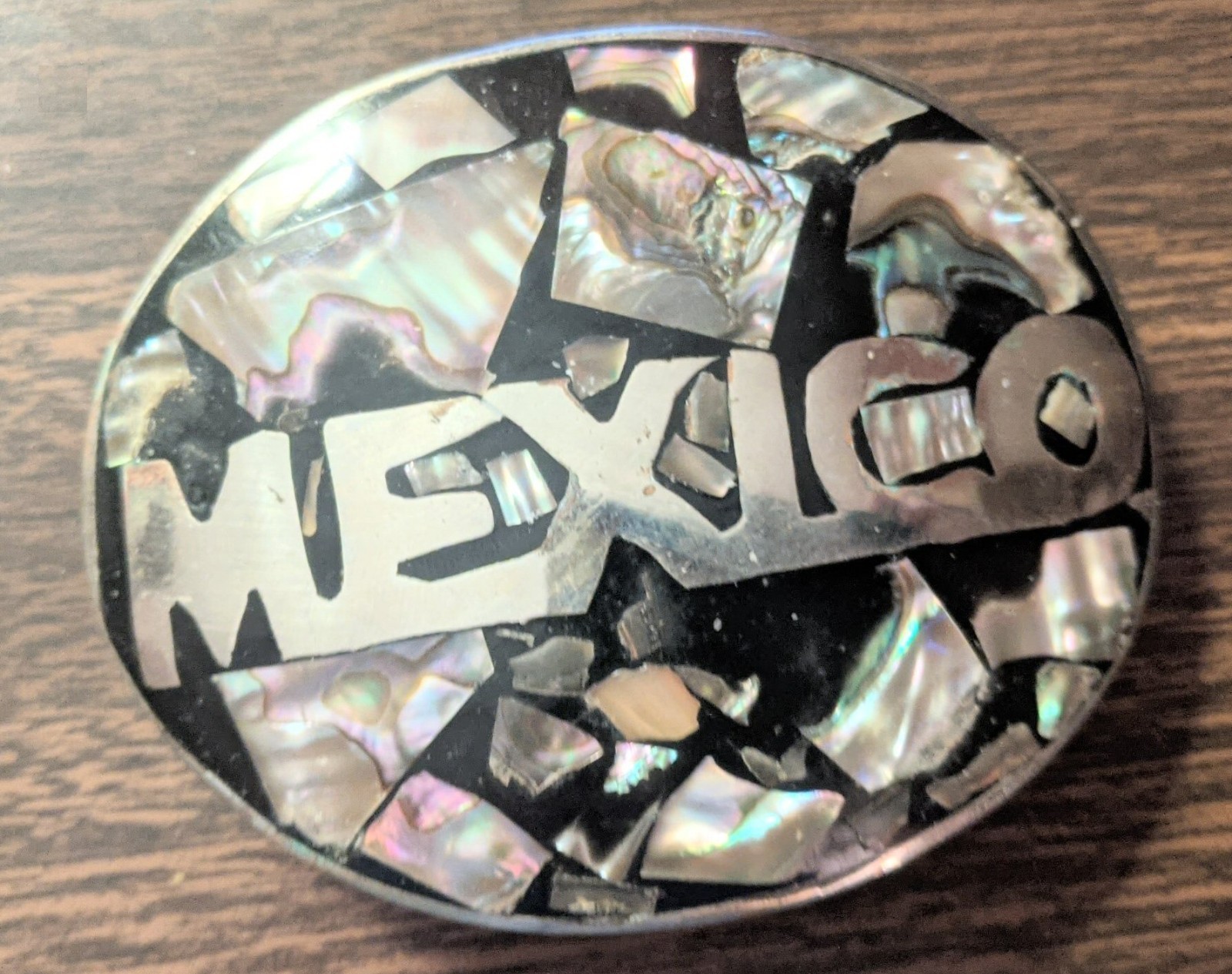 Vintage Abalone Shell MEXICO Belt Buckle Mother of Pearl Alpaca Silver