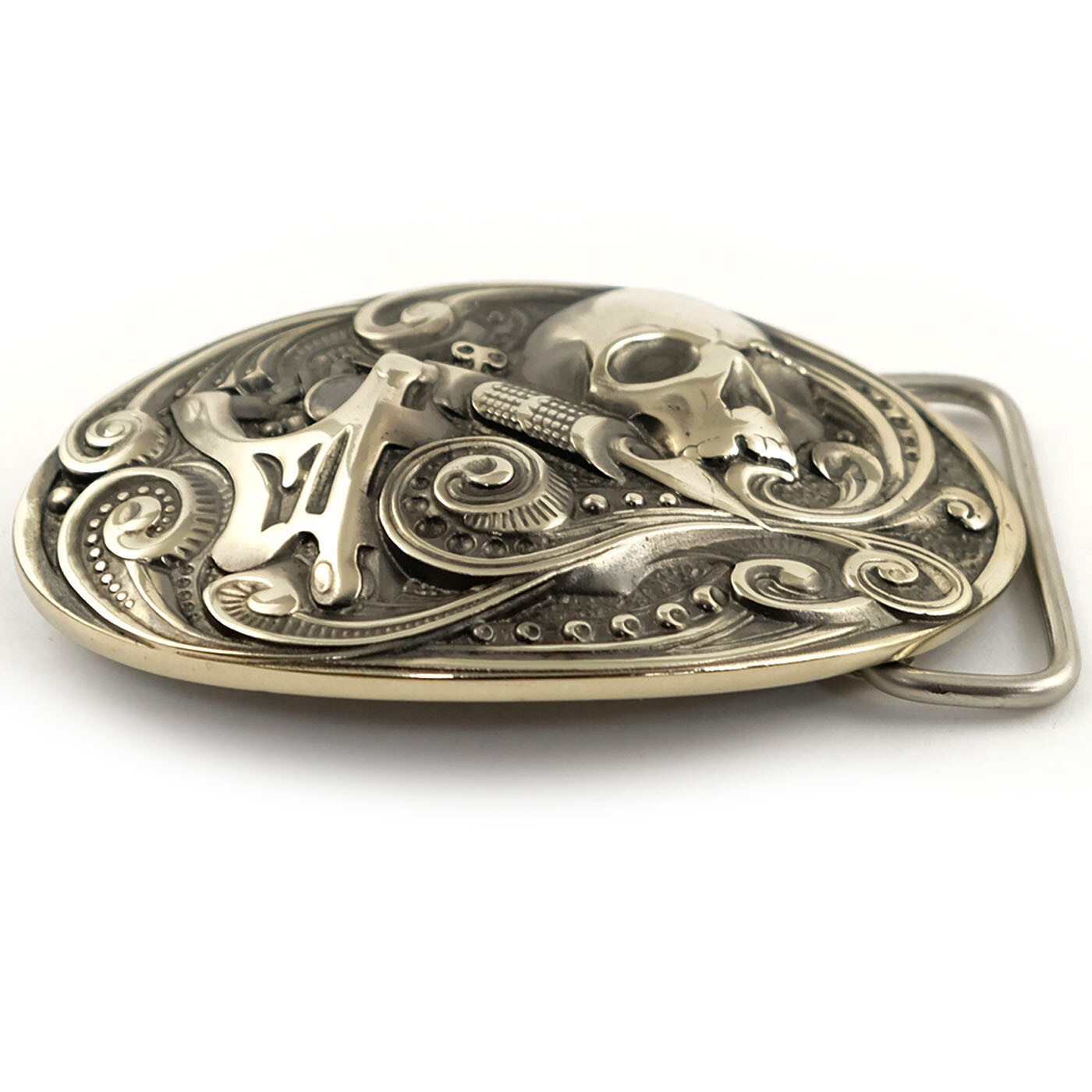 German silver belt buckle tattooist with skull, Tattoo machine, Skull buckle