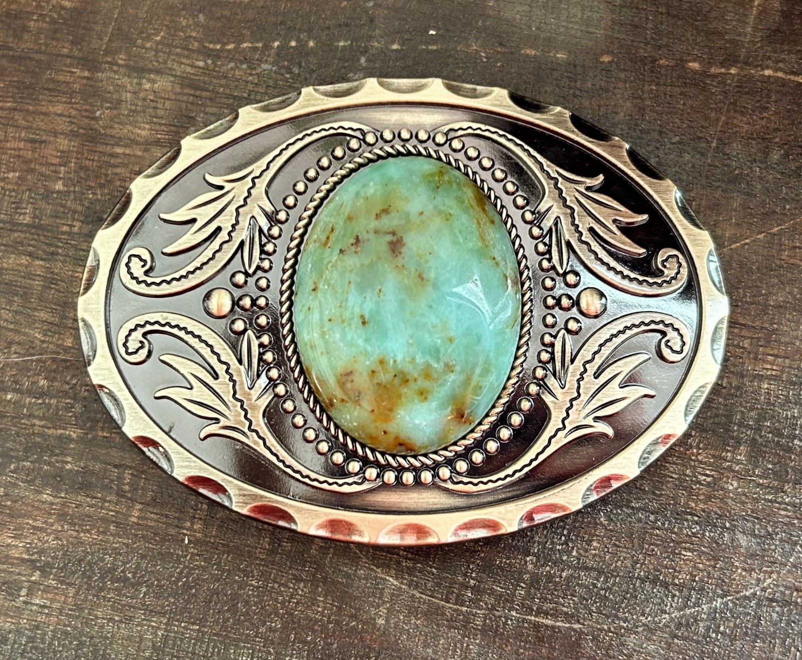 Turquoise Stone Belt Buckle Engraved Brass Western Cowboy Rodeo Style