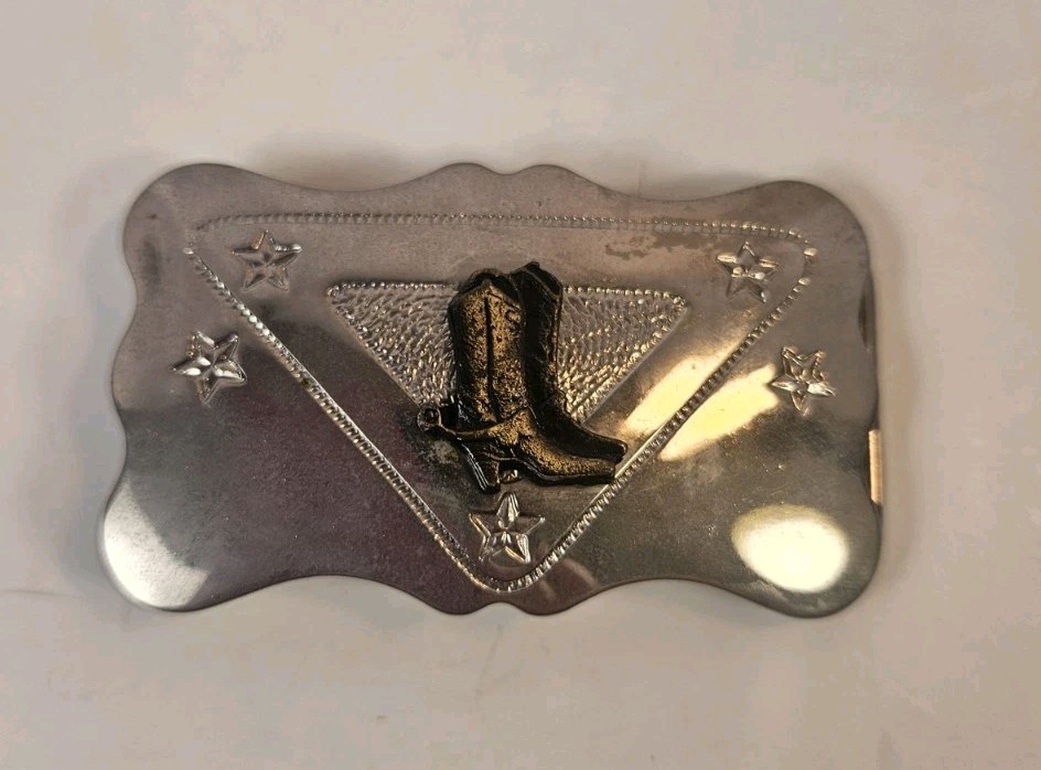 Vintage Mens Silver Metal Cowboy Boots Design Stars Buckle Chambers Belt Co USA