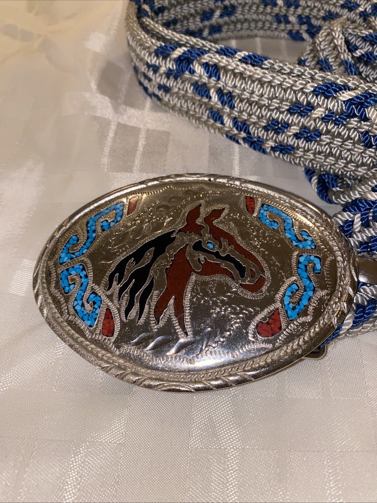 Native American Western Silver Belt Buckle Turquoise Inlay/woven Belt Waist 44”