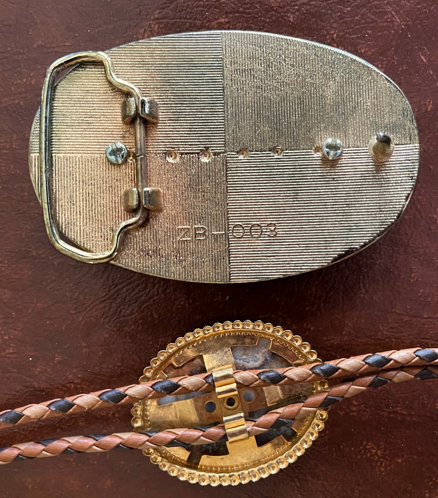 Vintage Southwestern Agate Stone Bolo Tie & Belt Buckle Set Gold Tone ZB-003