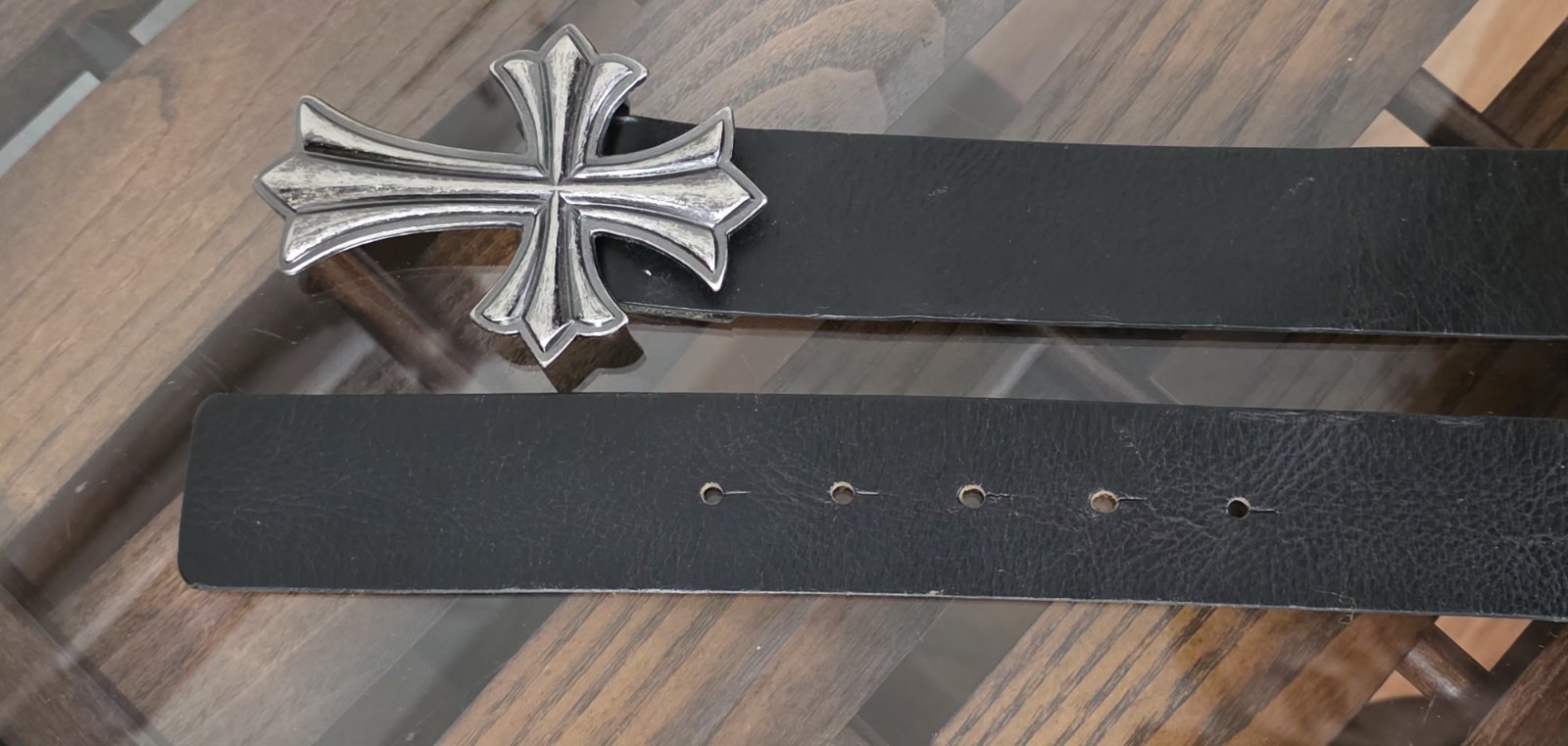 Black Leather Belt Gothic Cross Buckle Biker Rock Punk Western 1.5”