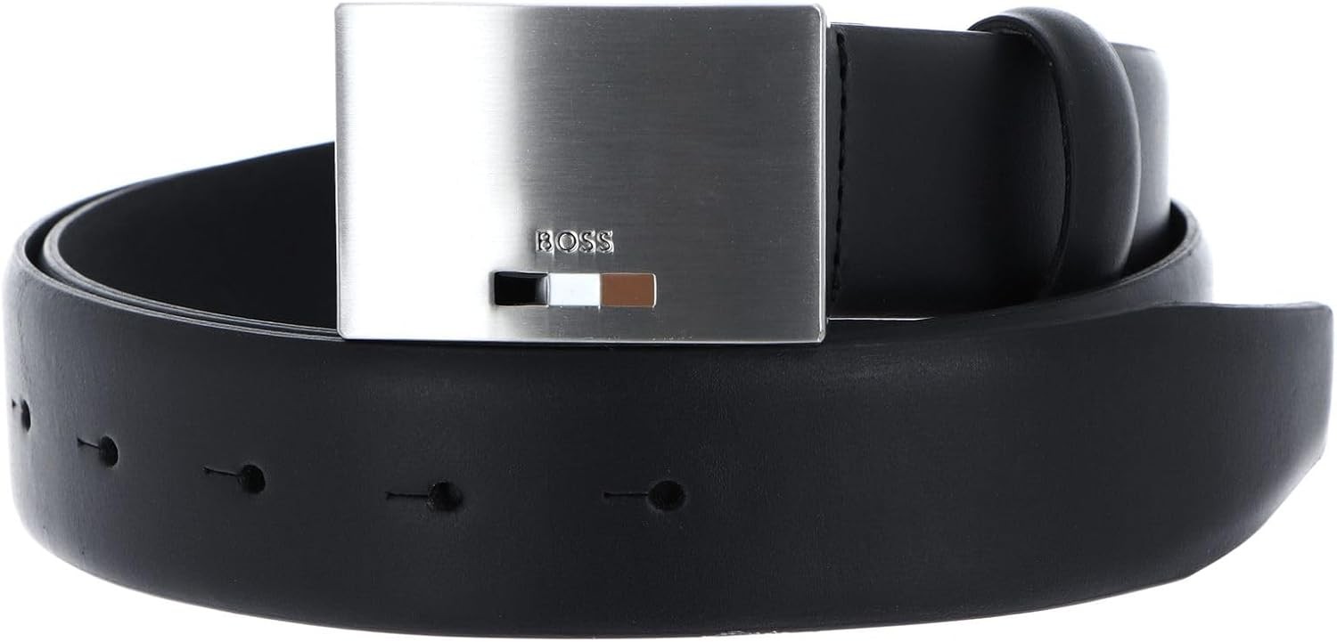 Hugo Boss Men&rsquo;s Storm Icon Plaque Buckle Leather Belt, Black