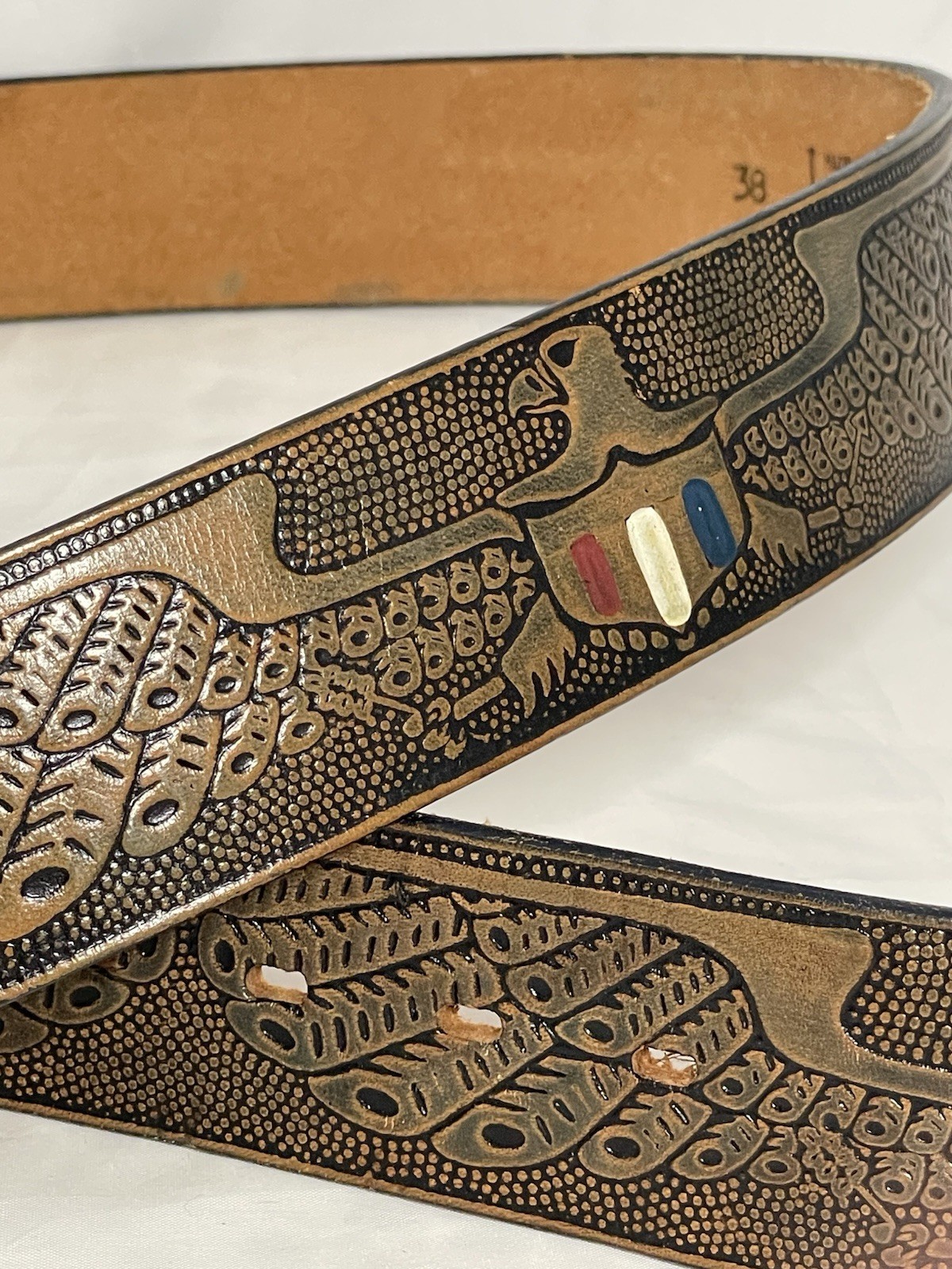 Leather Belt Embossed Eagles American Indian Belt Buckle Hand Stained Latitan