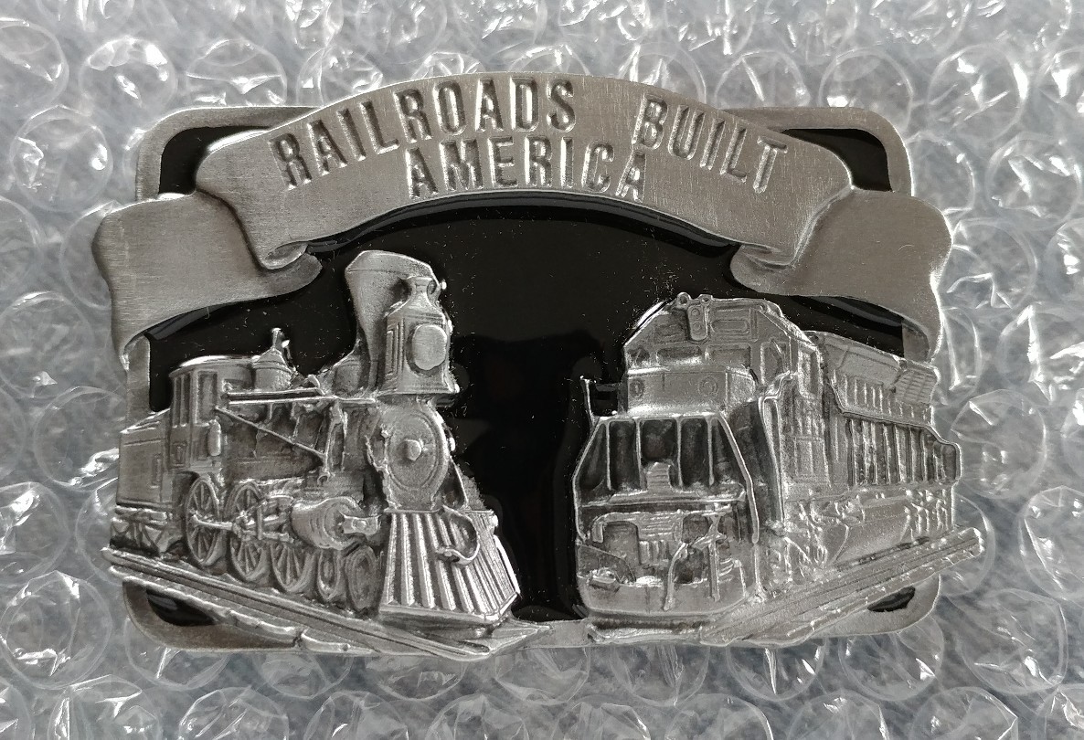 RAILROADS BUILT AMERICA STEAM & DIESEL ENGINE BELT BUCKLE SISKIYOU MADE IN USA
