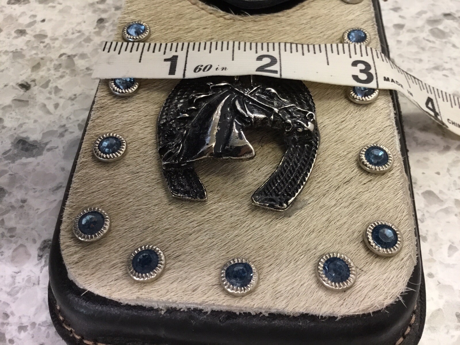Leather Belt Attachment WESTERN COWHIDE HORSE HORSESHOE BLUE STONES-NICE!!