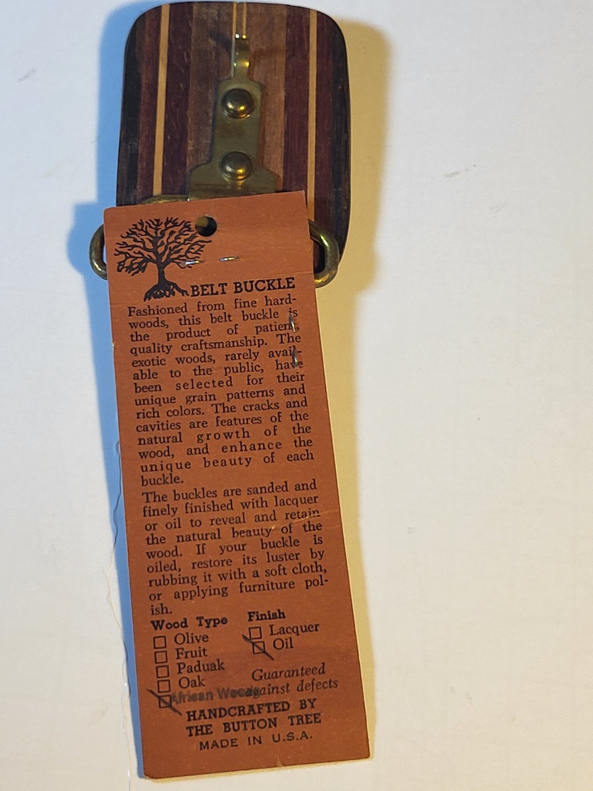 Wooden Belt Buckle Handmade In USA By The Button Tree. Vintage.