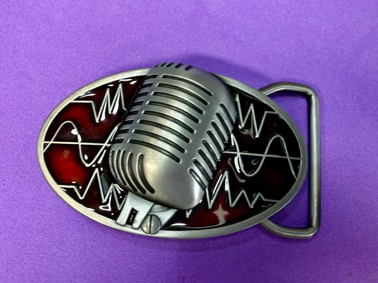 Retro Music Elvis Style Microphone Red Enameled Musician Ribbon Mic Belt Buckle