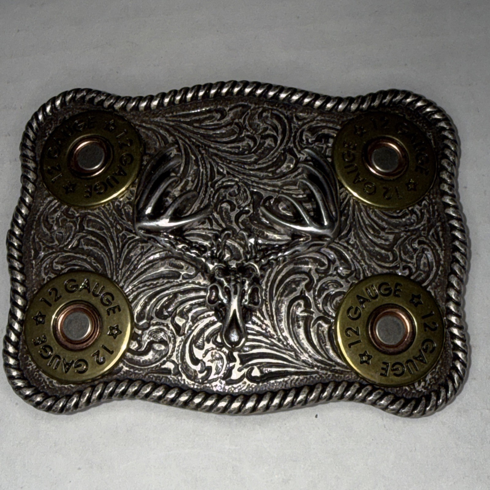 Nocona Belt Buckle 12 Gauge Shotgun Shells Whitetail Deer Skull Filigree NEW