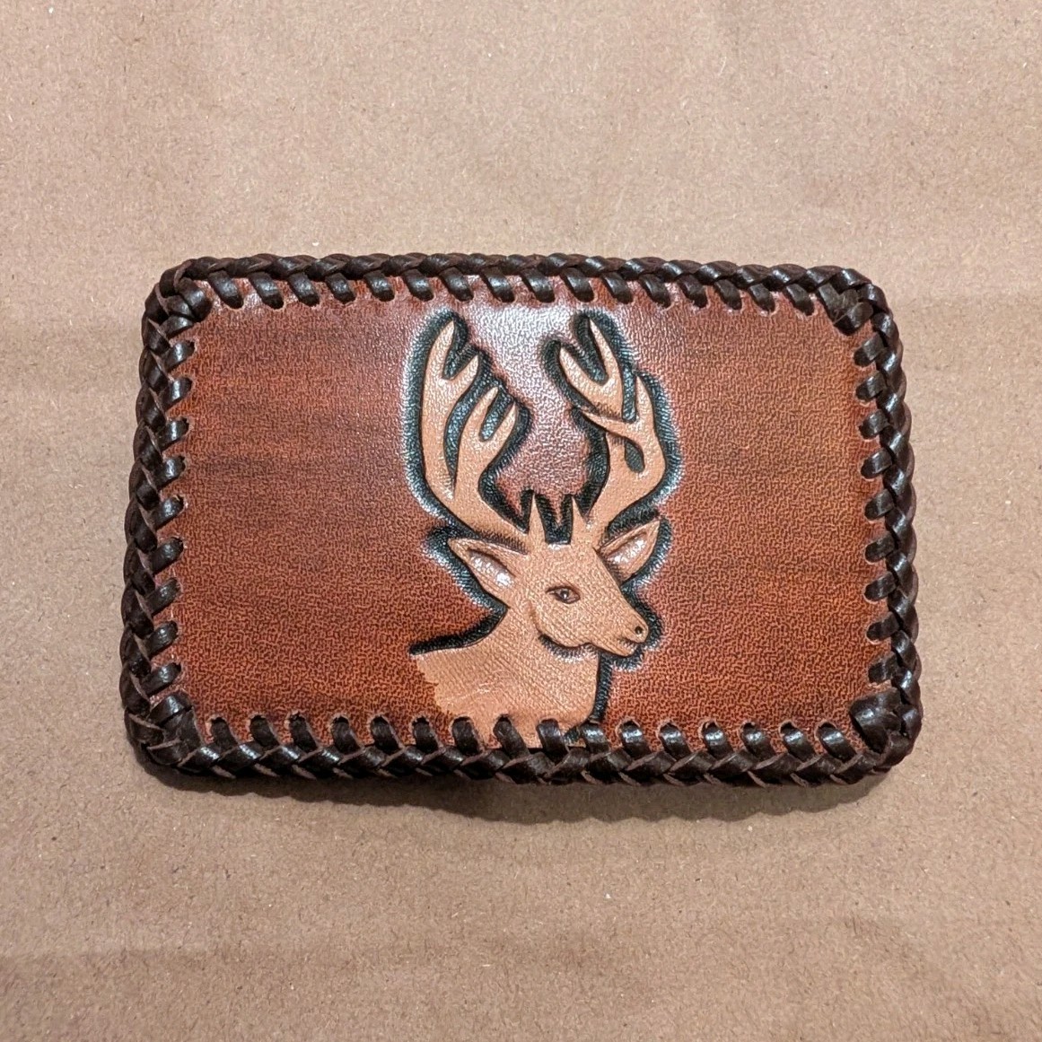 Brown Leather Deer Head Western Hunting Frame Belt Buckle, Metal, Fits 1.5 in