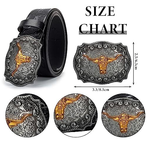 Mens-Western-Cowboy-Belt – Longhorn-Bull-Pattern Fit Waist 31-34 in Black