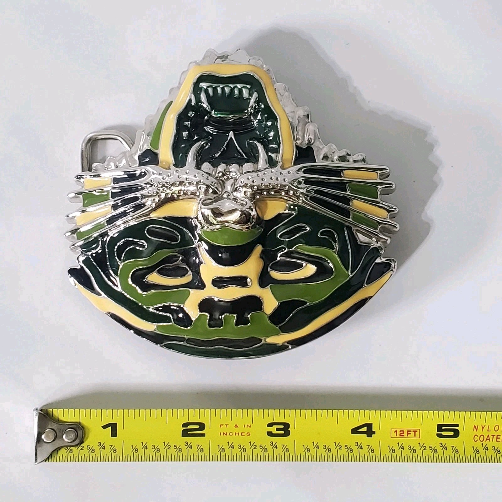 Tiger Face Belt Buckle Oversized Silver Finish Metal Green Yellow Fashion Buckle