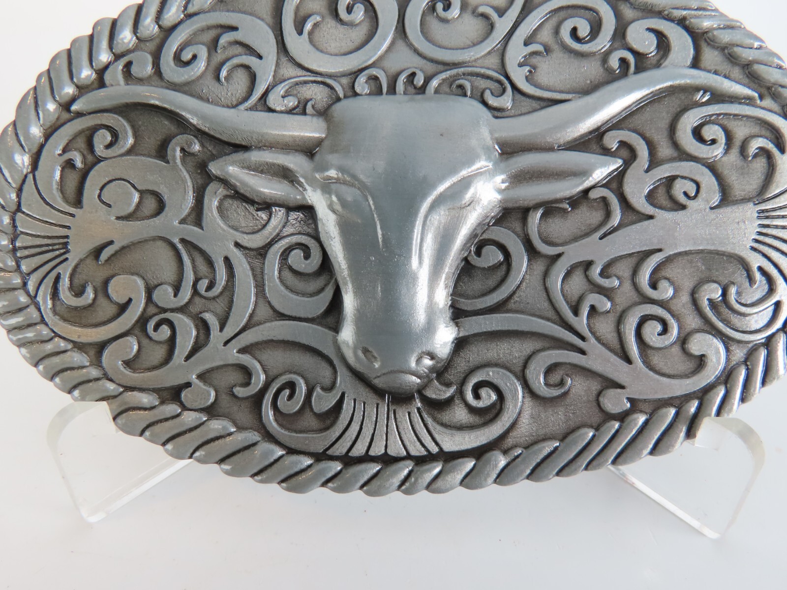 New Steer Long Horn Belt Buckle Cowboy Ornate Rodeo in Package Pewter Tone