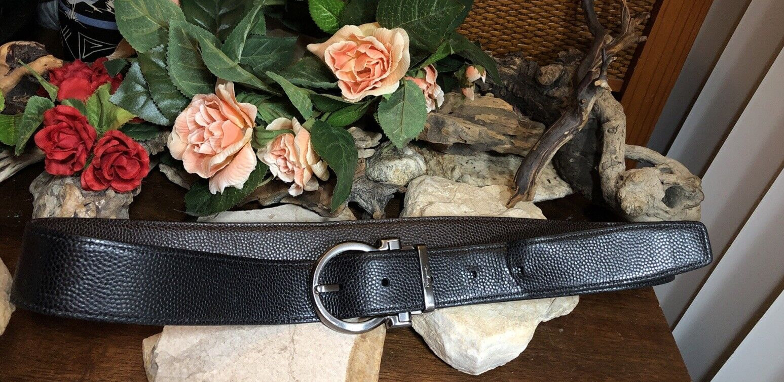 Salvatore Ferragamo Gun Metal tone Buckle black Brown leather removable belt